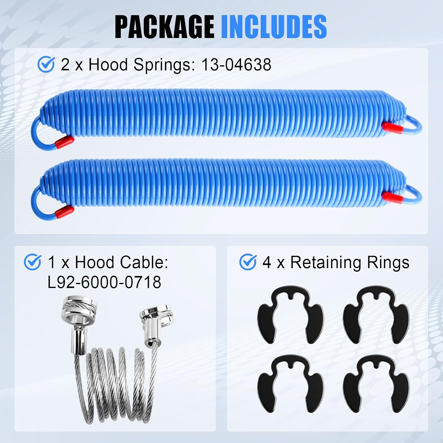 2PCS Hood Springs, Cable and Stud Bolts with Retaining Rings Fit for Peterbilt 357 377 379 Series 1987-2008 Trucks, Replace 13-04638 13-03761 13-03663 L92-6000-0718 13-04638 13-03662