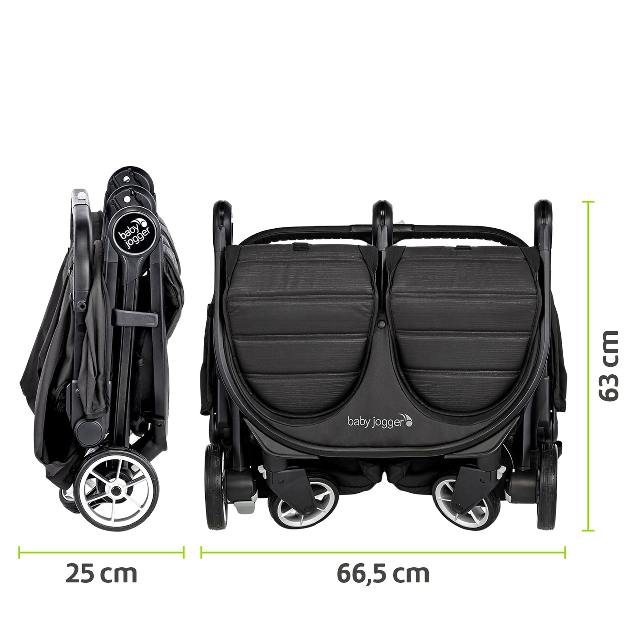 Baby Jogger City Tour 2 Double Poussette double pour frères et sœurs pour voyager | Poussette jumelle légère, pliable et portable | Pitch Black (noir)