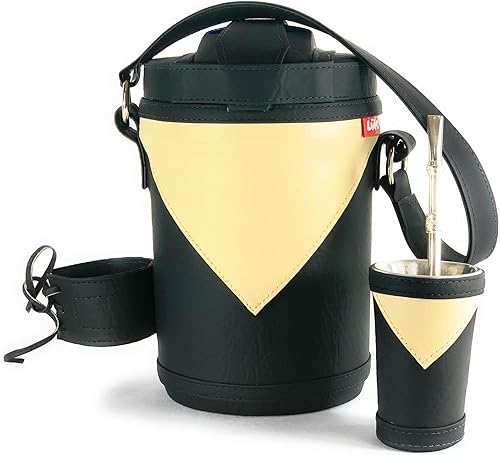 Kit Yerba Mate Tereré Luk Termos, Artesanía Paraguaya Negro con beige | Set Tereré Termo + Bombilla + Vaso guampa