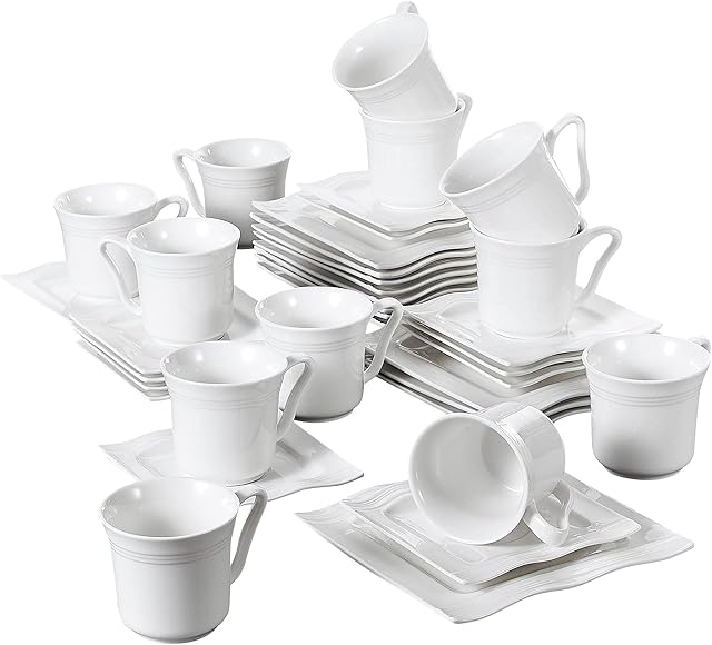 MALACASA, Seria Mario, 36-częściowy zestaw kremowo-biały, porcelanowy serwis do kawy, 12 talerzy do ciasta, 12 sztuk filiżanek do kawy o pojemności 220 ml, z 12 spodkami, dla 12 osób