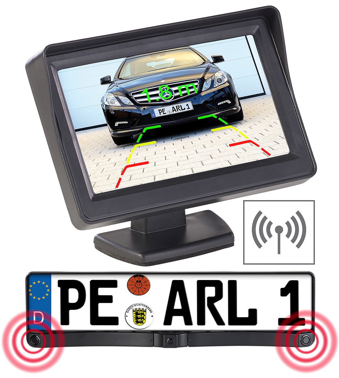Sistema wireless per retromarcia con telecamera targa, monitor 4,3" e sensori di parcheggio