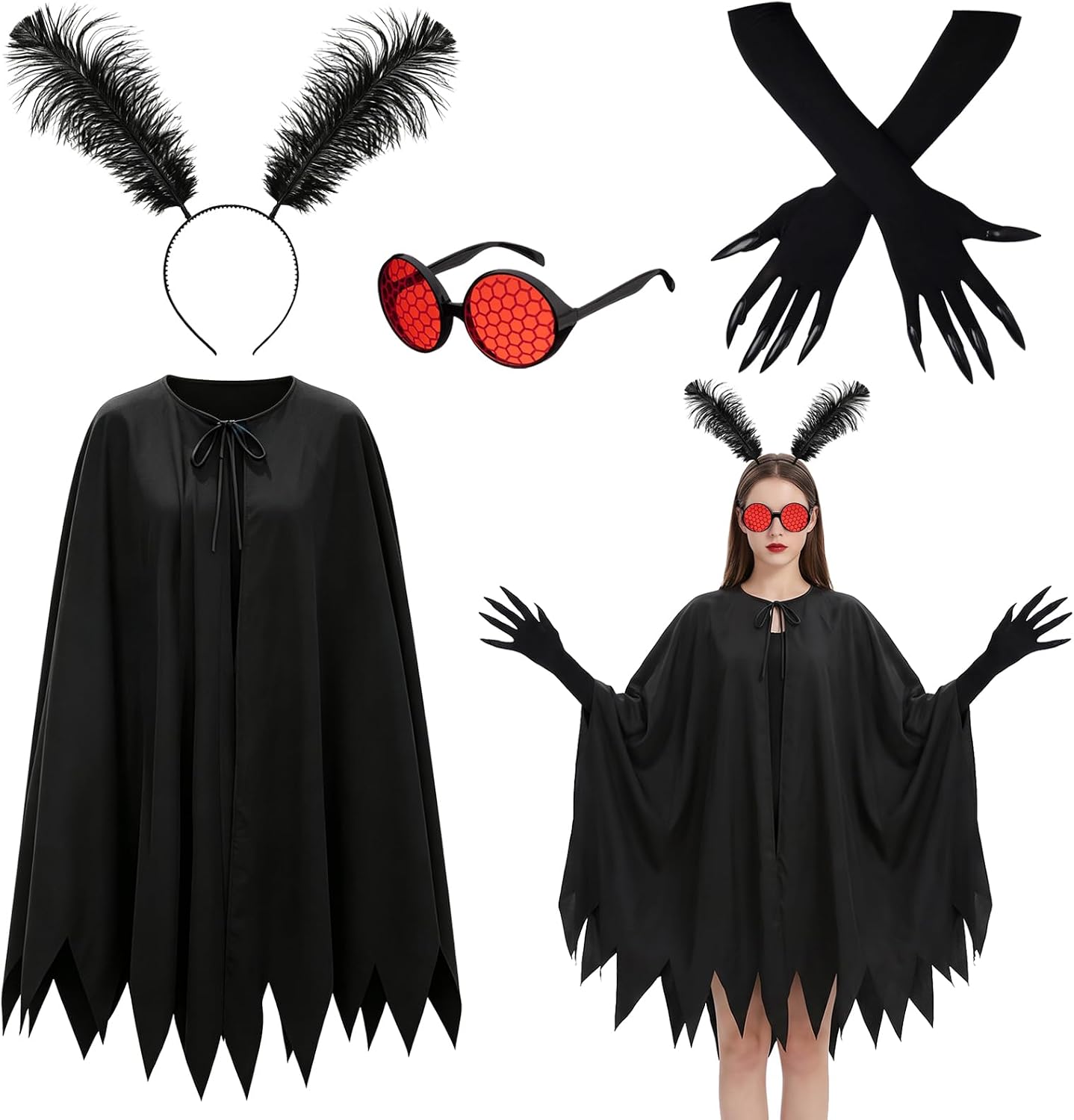 4Pcs Halloween Mothman Costume Accessories, Moth Man Cosplay Outfit Include Paw Gloves Red Glasses Cape and Feather Headband for Women Men Halloween Cosplay Dress Up Party
