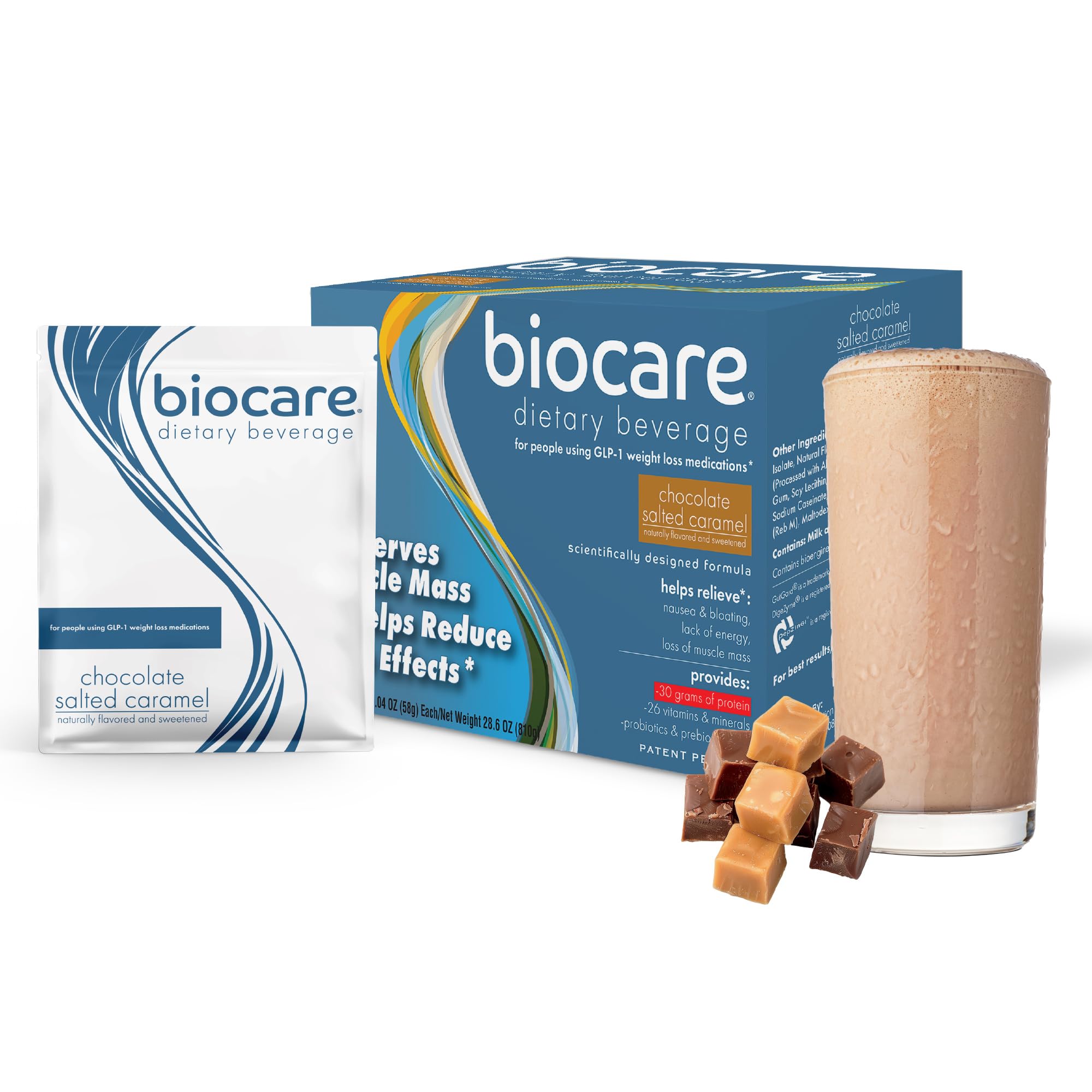 Bebida nutricional Biocare para usuarios de GLP-1. Esta bebida dietética en polvo aporta 30 g de proteína esencial y 26 vitaminas y minerales. Ayuda a aliviar náuseas, hinchazón y estreñimiento. Batido de chocolate y caramelo salado (14 unidades).