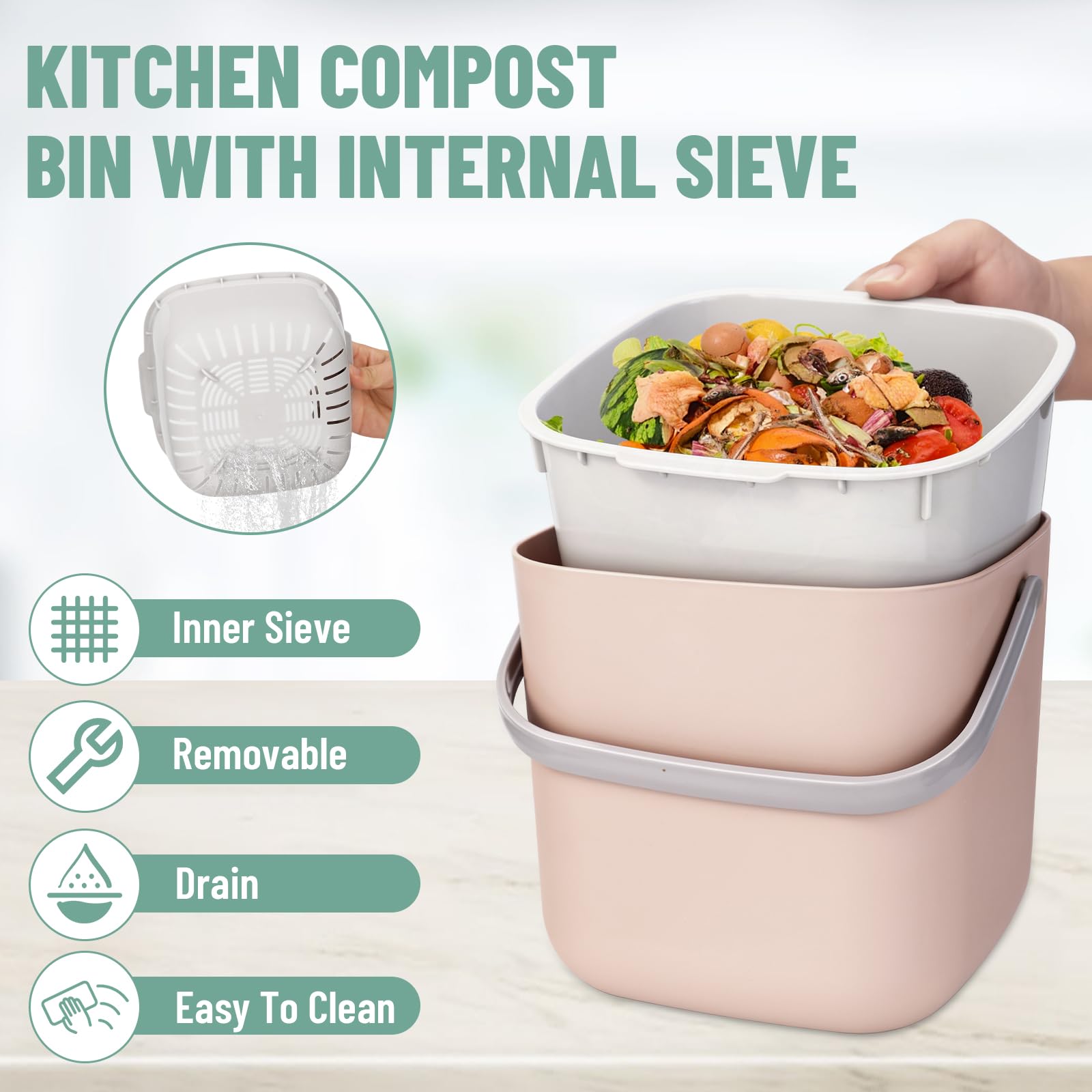 Pattumiera Biologica da Cucina,Bidone per Compost da Cucina,Piccolo Contenitore per Rifiuti con Coperchio,Pattumiera Umido,Lavabile in Lavastoviglie,Cestino per La Spazzatura