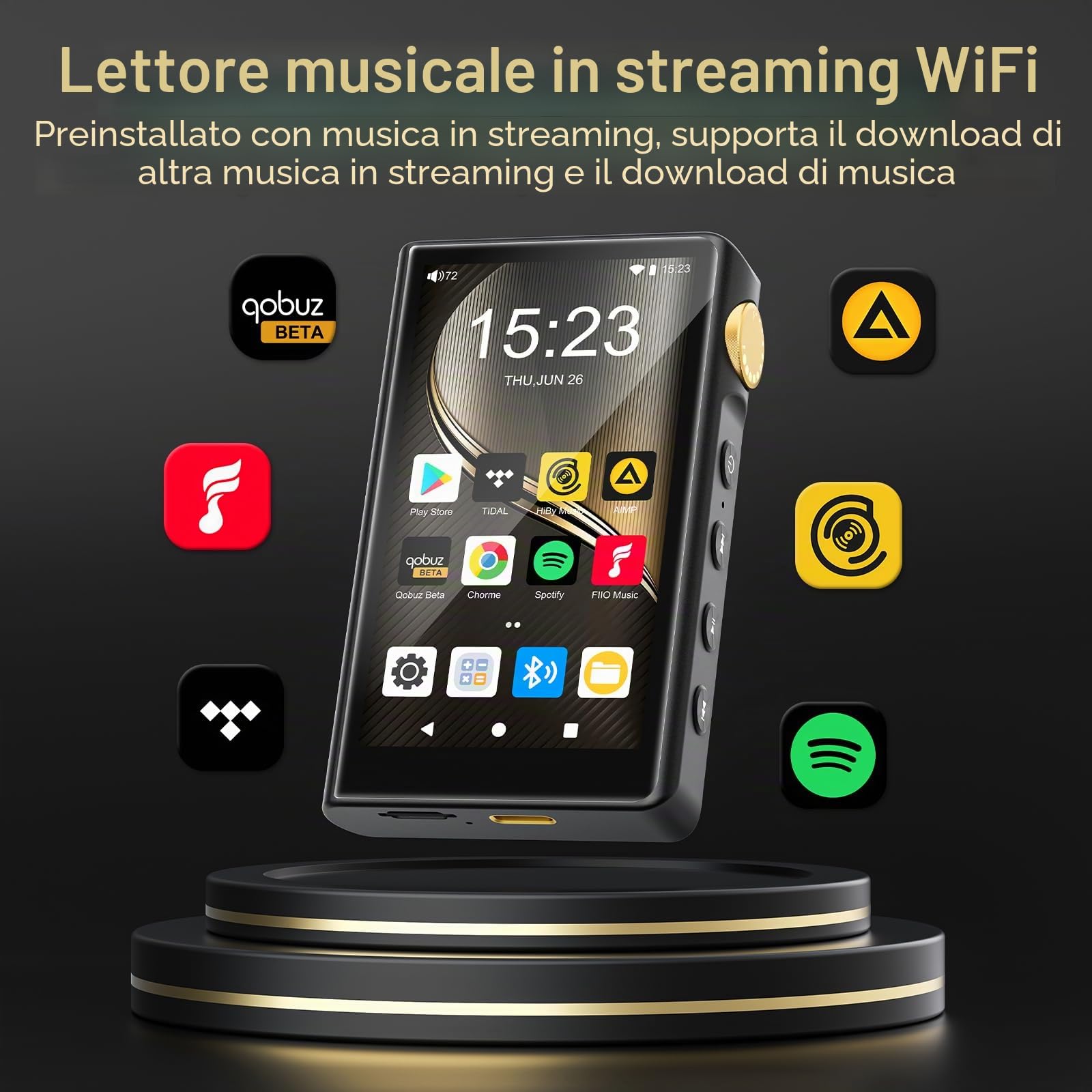 Lettore MP3 Hi-Fi con Bluetooth e WiFi, lettore musicale ad alta risoluzione ZAQE Android 12, DAC DSD senza perdita di dati Flac, Dotato di una scheda di memoria da 64 GB, supporta fino a 512 GB