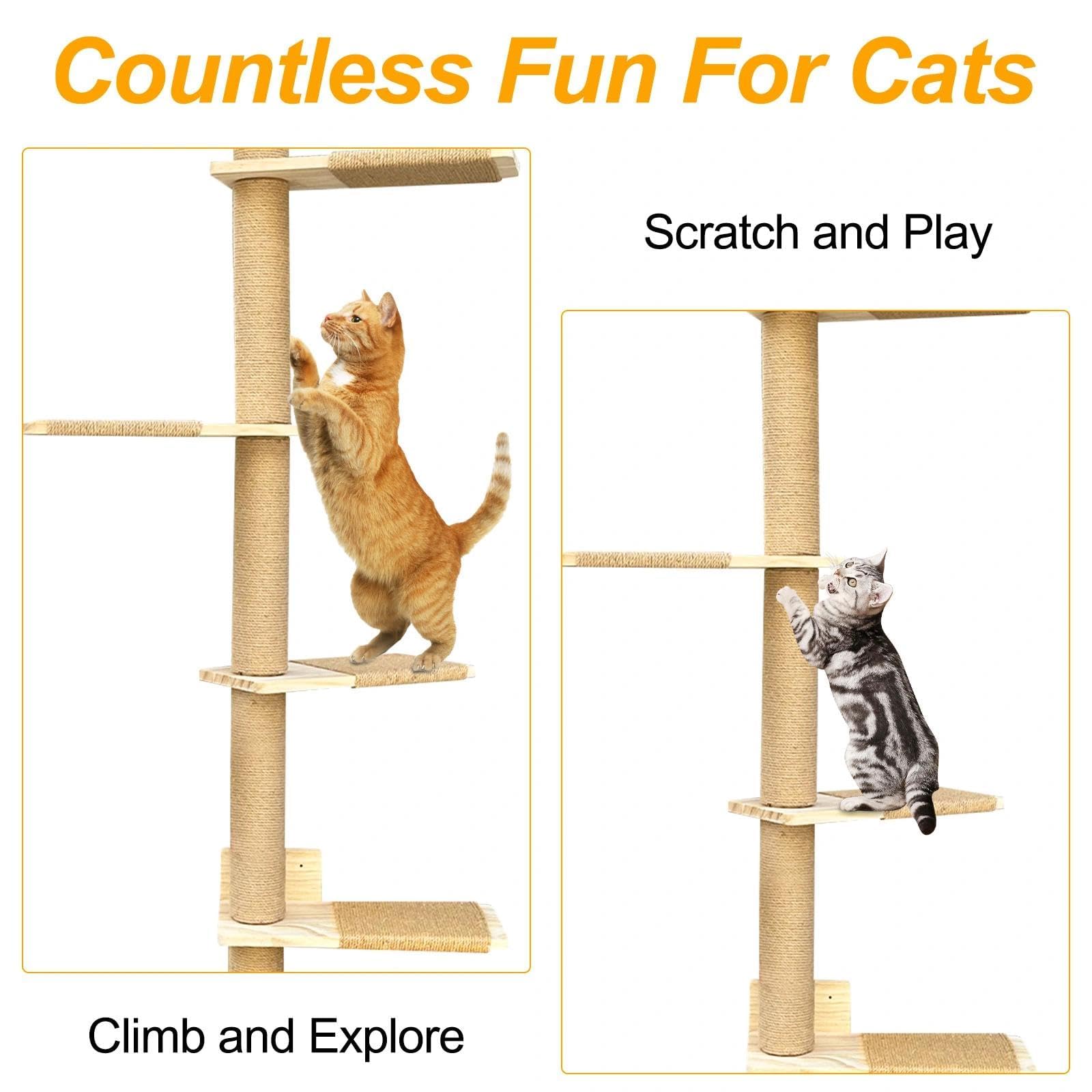 Rascador para Gatos de Poste, Árbol para Gatos, Torre de 5 Niveles hasta el Techo (205 cm), Montado en la Pared, con Corda di Sisal Naturale, para Trepar, Rasguñar y Jugar