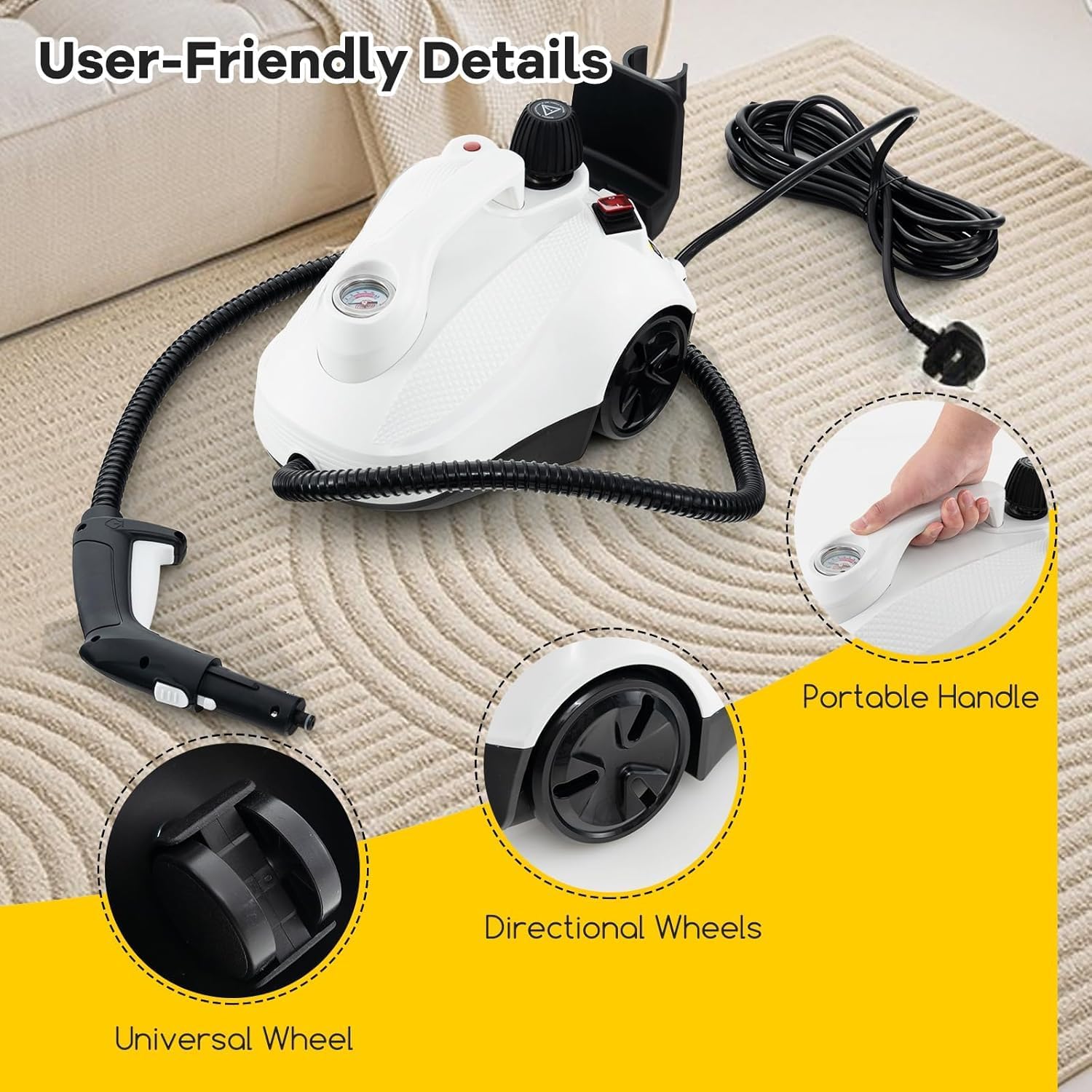 2000w Steam Cleaner, 5 Bar Handheld Steam Mop With 1.8l Tank & 15 Accessories, Multipurpose Household Steamer Cleaning Machine For Carpet Floor Window Sofa Upholstery Car, White