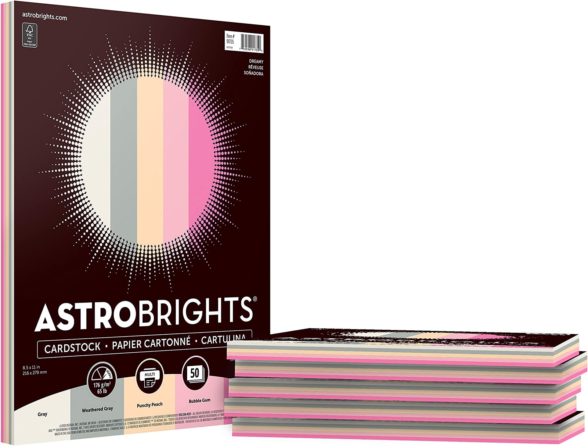 Astrobrights Colored Cardstock, 8.5" x 11", 65 lb/176 gsm, "Dreamy" 5-Color Assortment, 6 Individual Packs of 50 Assorted Sheets - 300 Sheets in Total (91735)