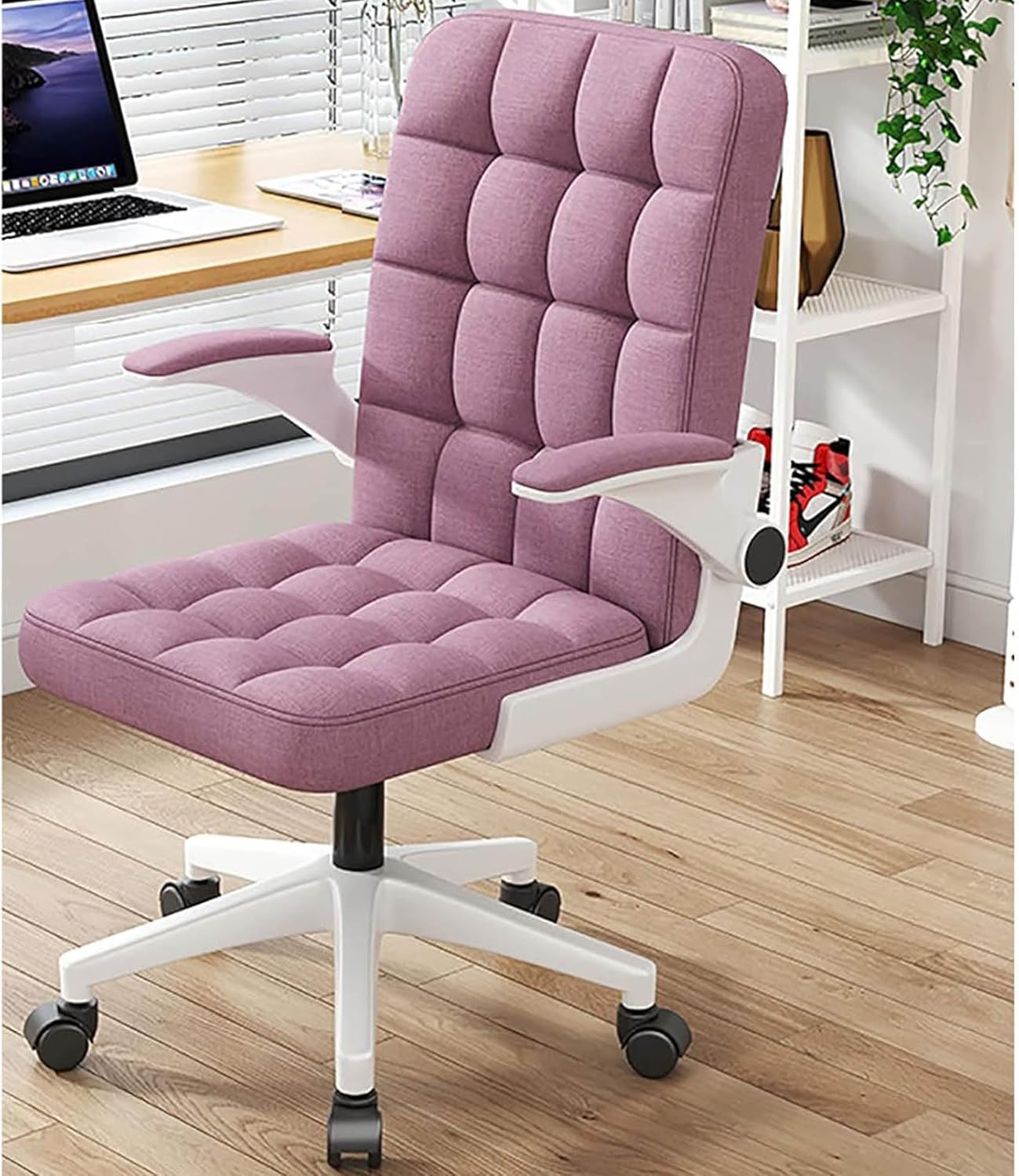 Ergonomic Computer Office Chair, Fabric Gaming Chair with Foldable Armrests and 360° Swivel Wheels, Height Adjustable Video Gamer Chair for Home Office and Makeup Room