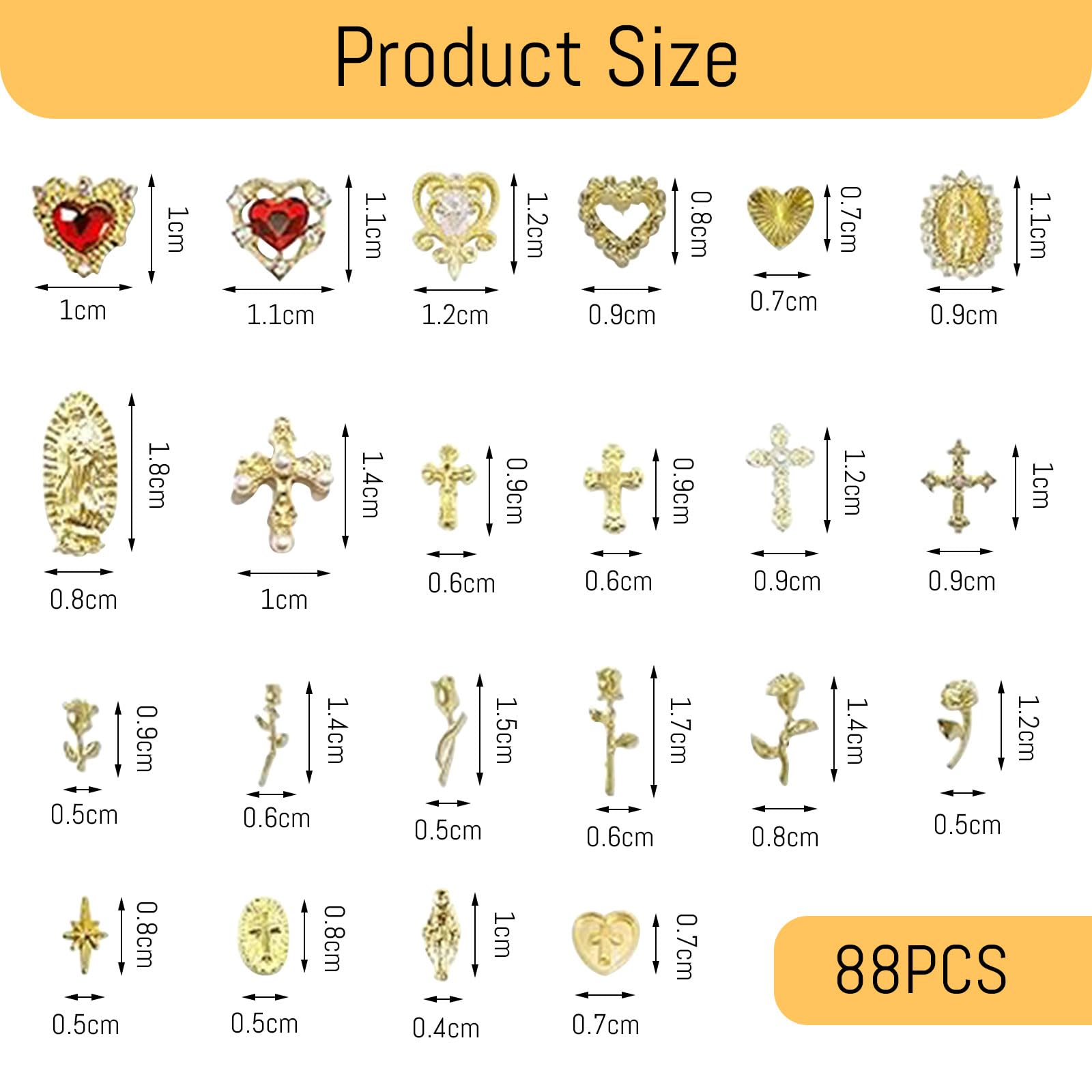 88 sztuk złotych zawieszek 3D na paznokcie, wysokiej jakości zdobienia paznokci, zawieszki do paznokci, ekskluzywne z kamieniami strasu dla luksusowego manicure