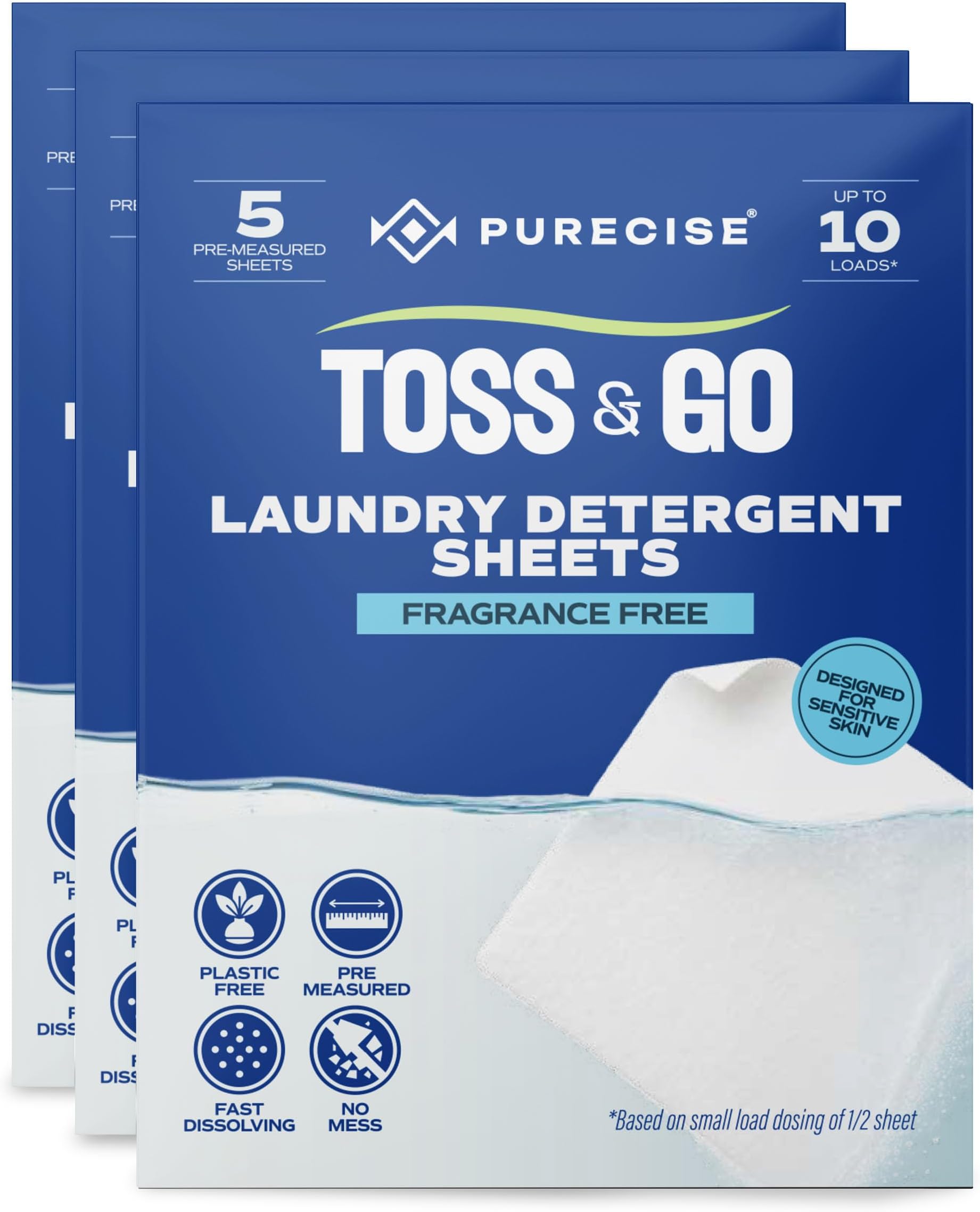 Purecise - Toss & Go - Unscented Laundry Detergent Sheets - No Mess, Skin-Friendly, Fast-Dissolving, Scent Free - 30 Loads - 5ct Pack of 3