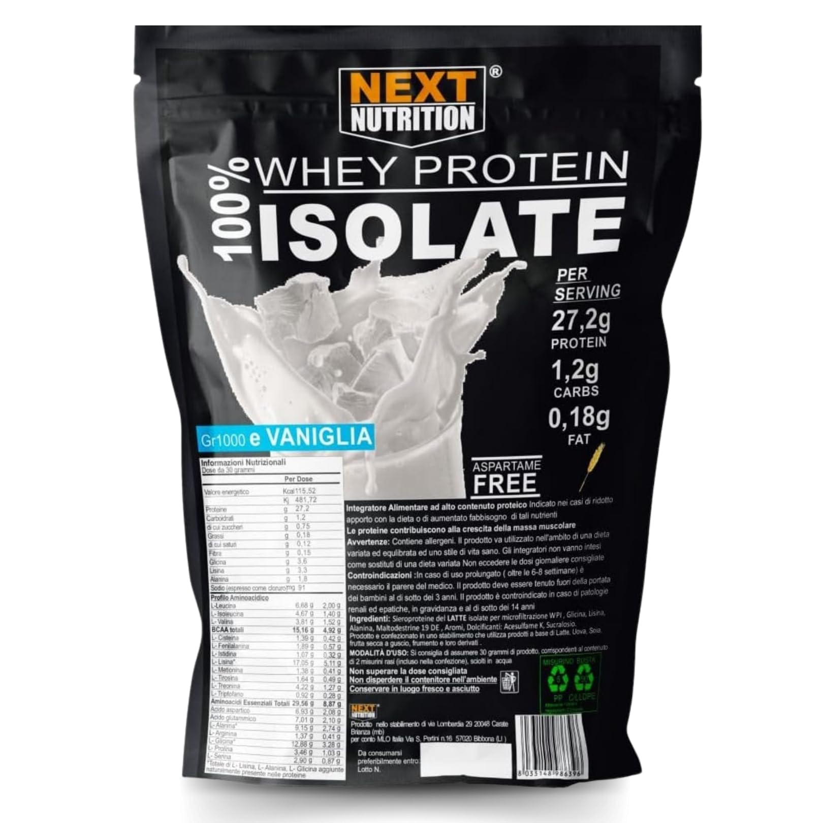 Proteine 100% Isolate WHEY V.B. 104 KG 1 gusto Vaniglia Immediata Assimilazione | Solo 0,18gr di Grassi e 1,2gr di Carboidrati Recupero Muscolare Prodotte in Italia