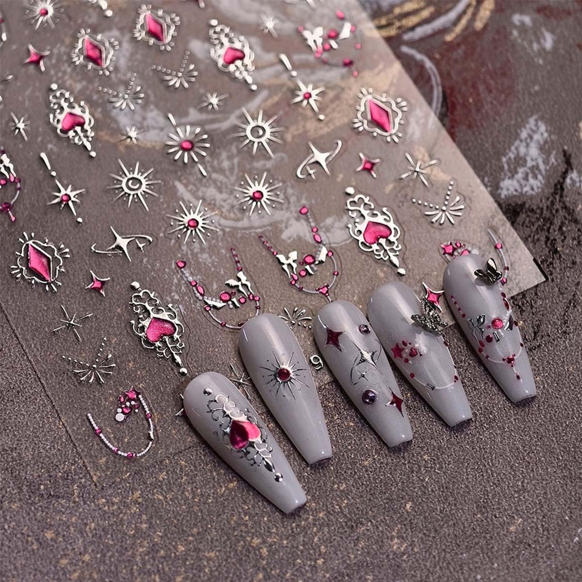 5D Embossed Heart Nail Stickers Decals 3D Self-Adhesive Star Nail Art Stickers Sliver Nails Art Decals Jelly Design Nail Supplies Cute Nails