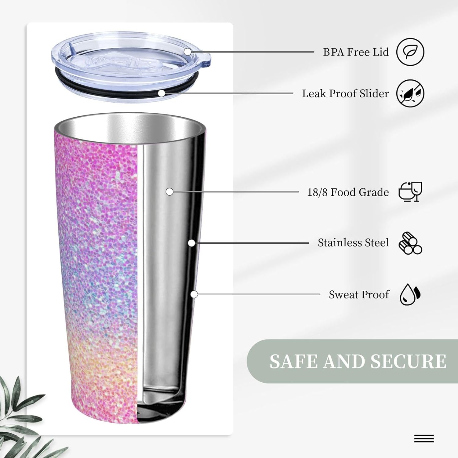 Multicolored Glitter Tumbler Cup with Lid and Straw, 20 oz Stainless Steel Insulated Travel Mug, Hot and Cold Water Bottle, Glitter Gradient Souvenir for Men Women