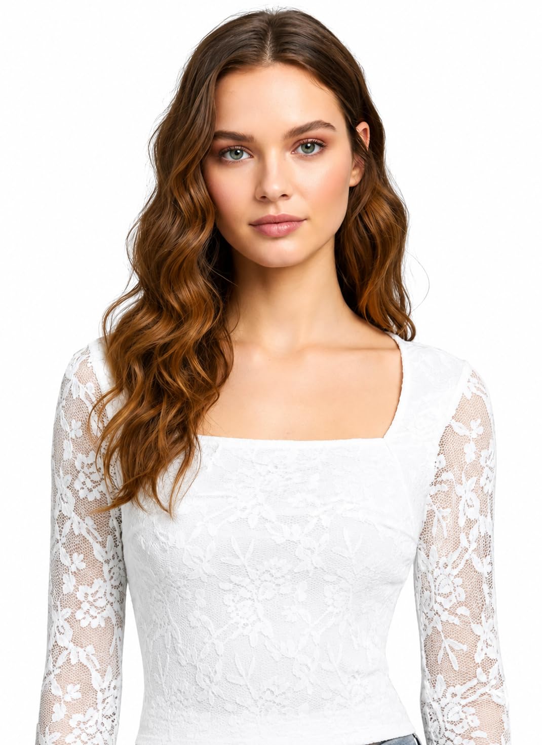 ootdfy Women's Elegant White Lace Long Sleeve Top, Square Neck Floral Pattern, Fitted Style, Stretch Fabric, Casual-picture-22
