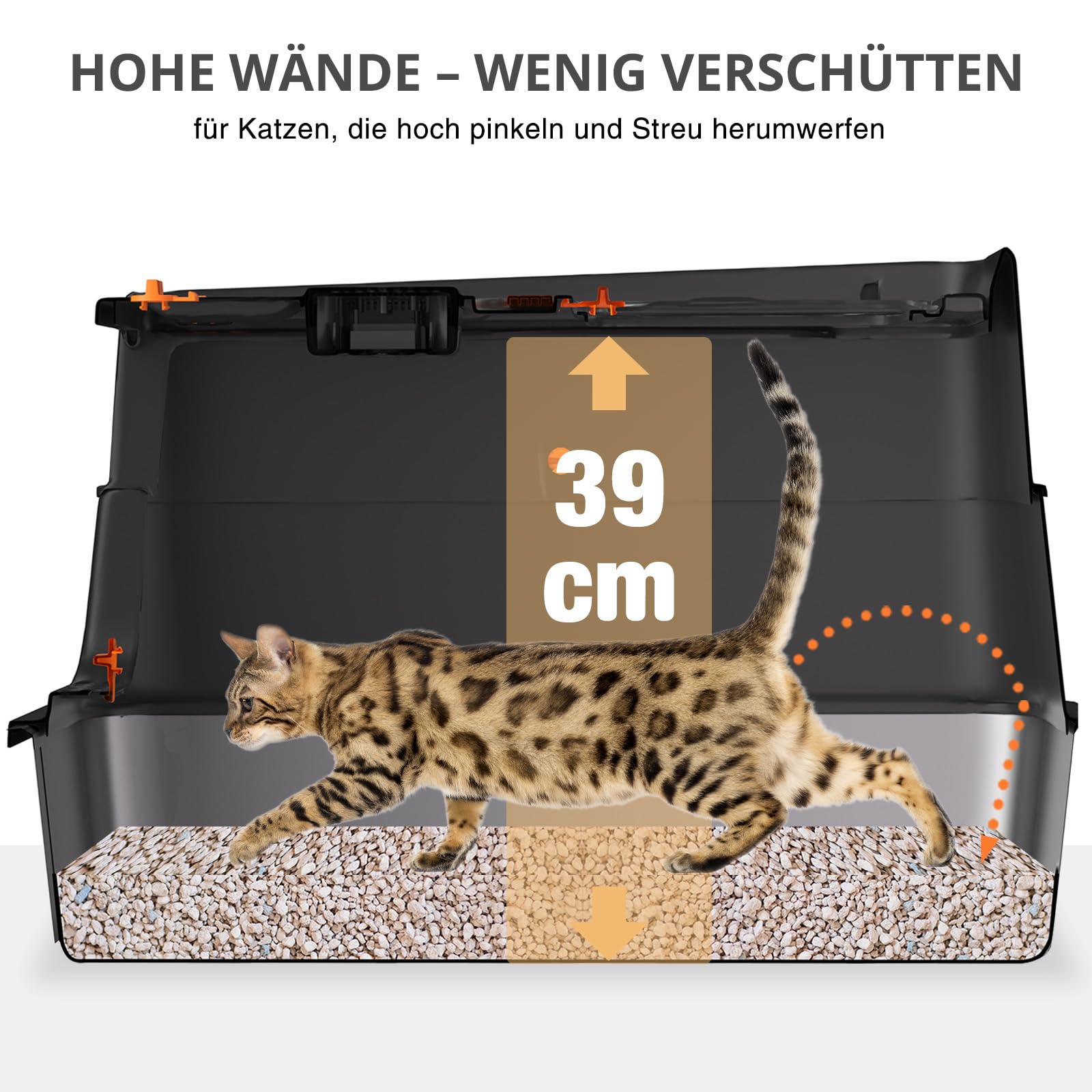 Katzentoilette aus Edelstahl, XXL geschlossene Katzentoilette mit Deckel, leicht zu reinigen, hochseitiges Metall-Kitty, mit Einstieg Oben, Schaufel, Matte, Bürste & Fußpedal-Schwarz