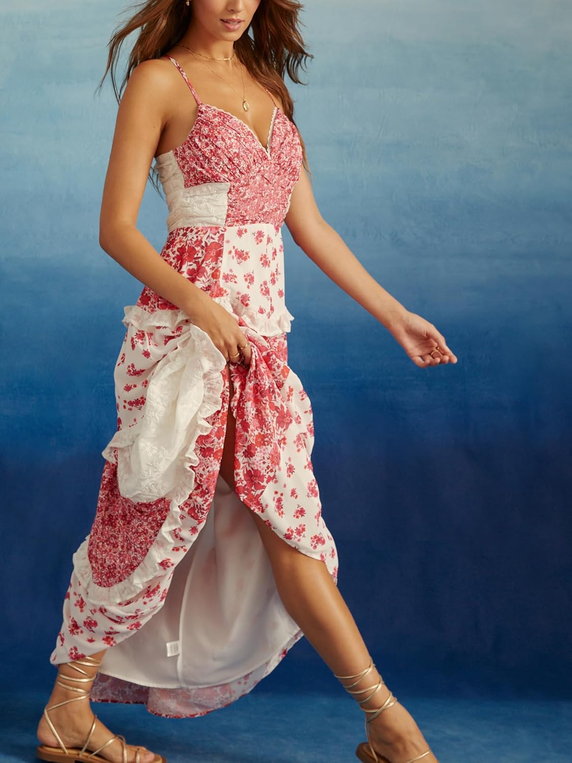 Women Boho Floral Tie Shoulder Maxi Dress Flowy Patchwork Smocked Long Sundresses Summer Ruffle Y2k Sleeveless Dresses - Image 2