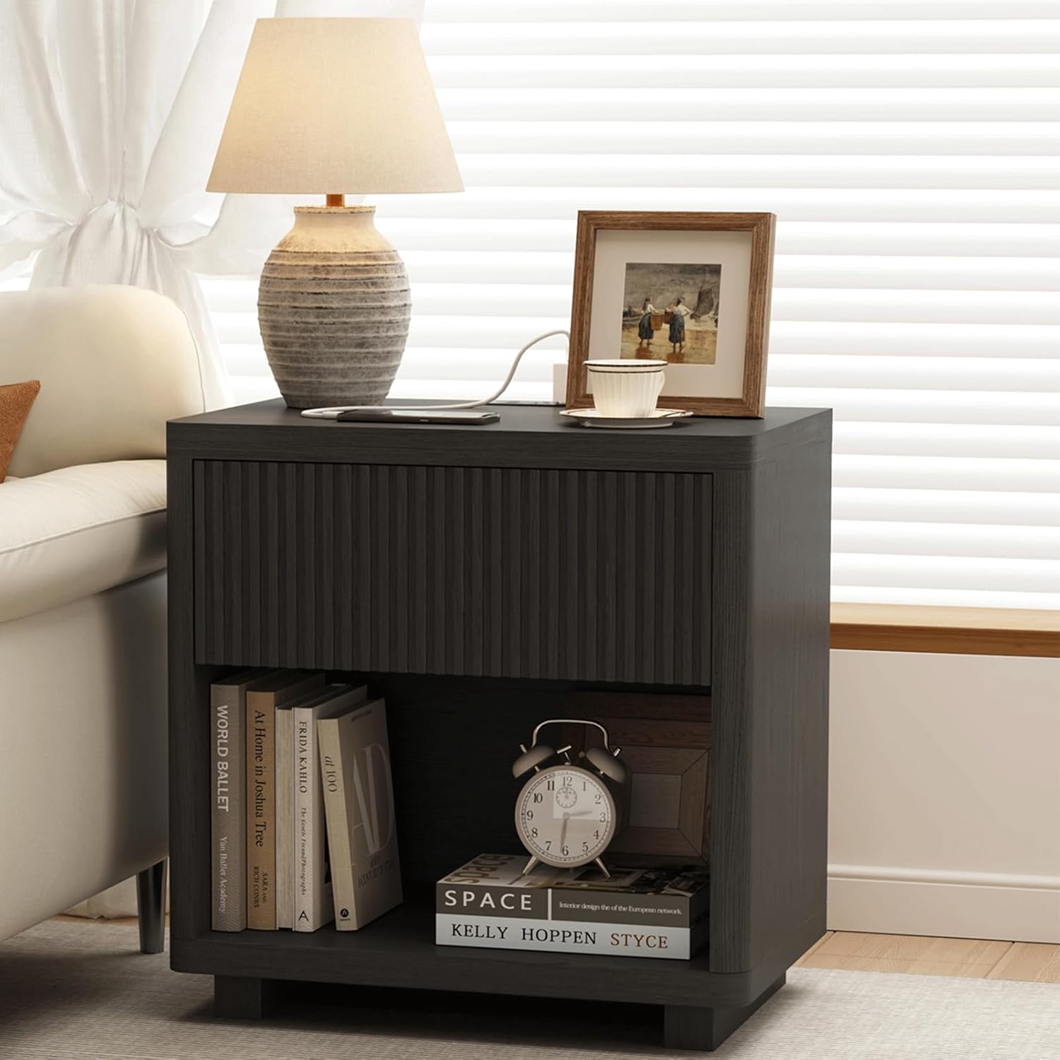 24" Wide Nightstand with Charging Station, Wood Fluted Night Stand with Large Drawers Storage and Outles, Black Bedside Table with an Open Storage Space for Bedroom