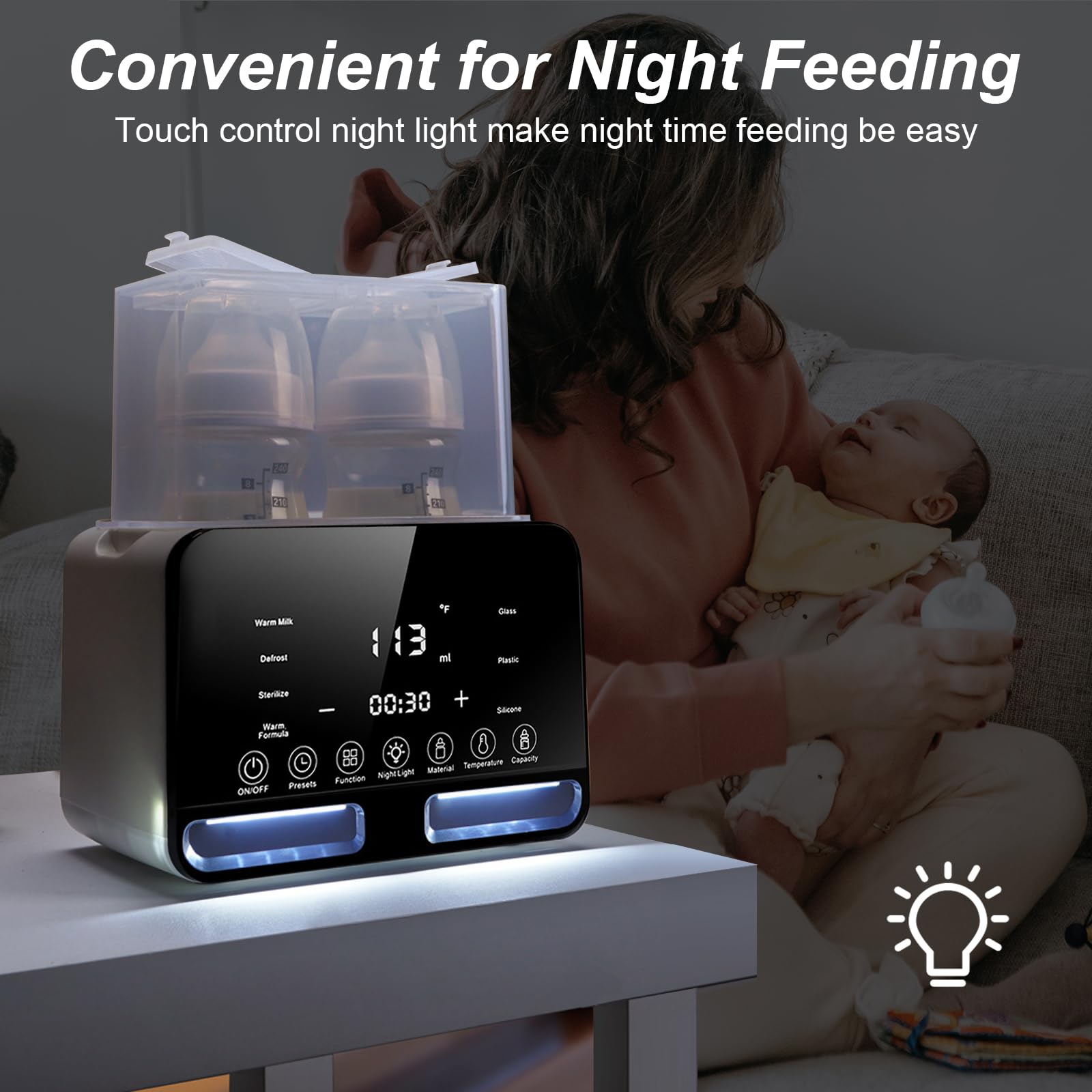 Flaschenwärmer Baby 9 in 1 Sterilisator für Babyflaschen - Babykostwärmer mit Temperatur - für 2 Flaschen mit LCD Display BPA-freier Fast Babynahrungsheizung Auftauen Voreinstellungen (Doppelflasche)