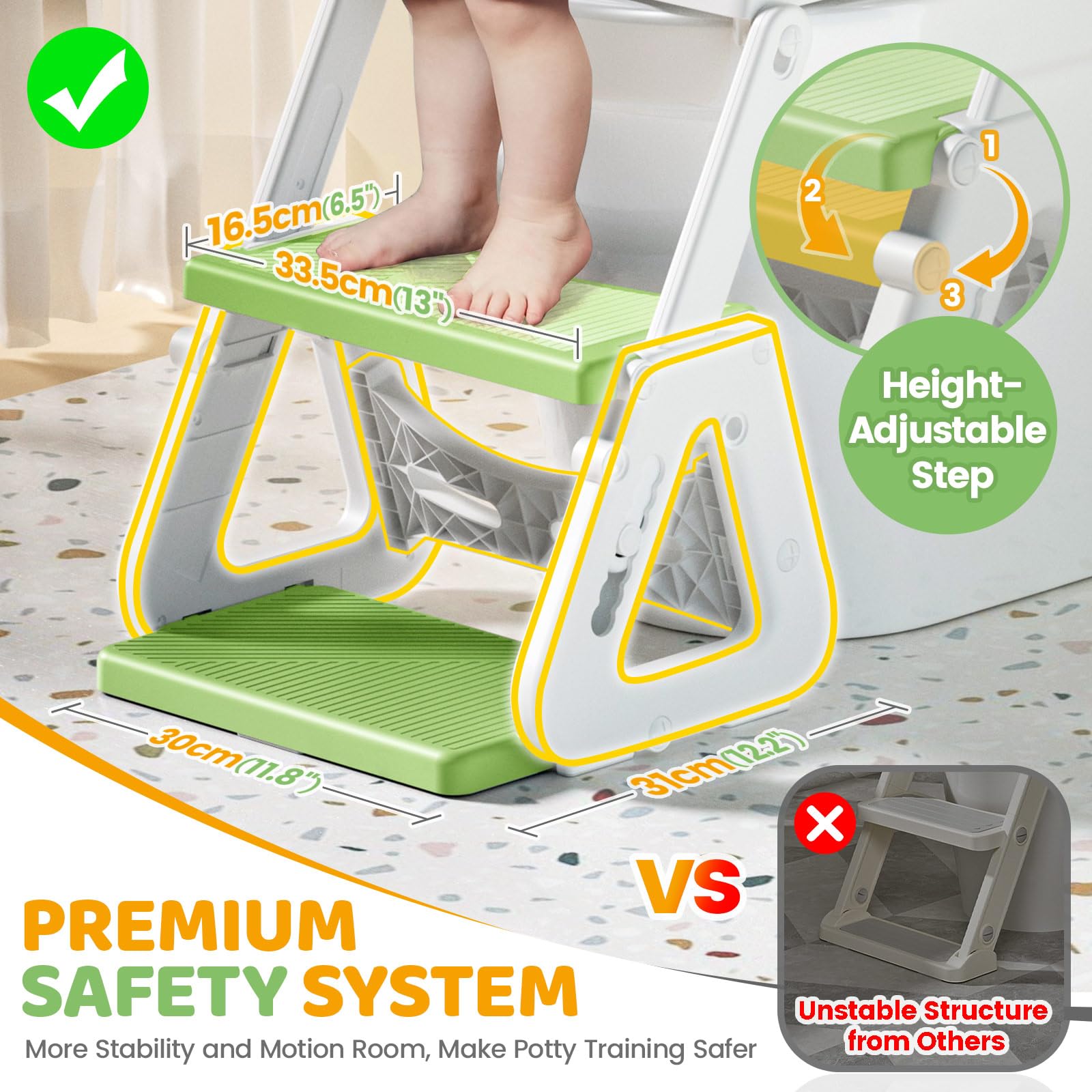 Orzbow Riduttore Wc Bambini con Scaletta, Stabilizzare Scaletta Wc Per Bambini con Struttura a Triangolo, Paraspruzzi Estesi e Cuscino in PVC Impermeabile, Antiscivolo e Pieghevole, Verde