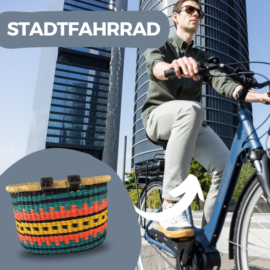 Fahrradkorb Afrika - XXL - Fair Trade - Viele Farben - Geflochten in Ghana - Vorne Fahrradlenker - Hinten Gepäckträger - Flechtkorb mit Lederriemen - Transportkorb für Hund - Groß - Bunt