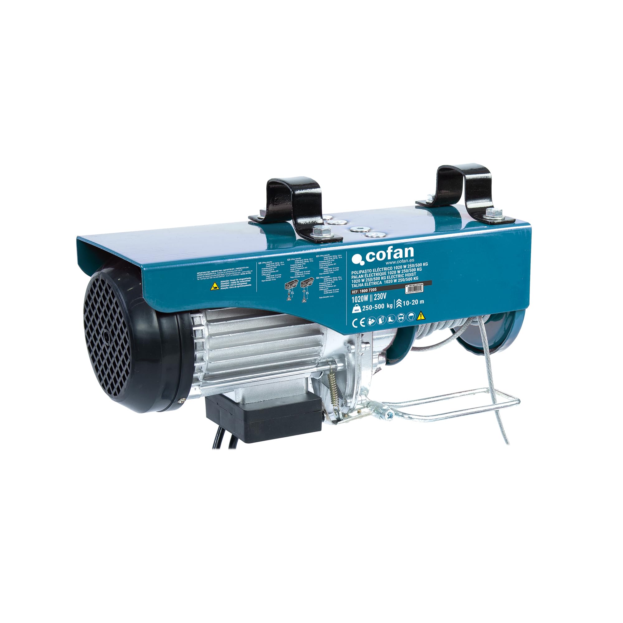 Cofan Polipasto eléctrico 1020 W | Capacidad de carga: 250/500 kg | Altura de elevación: 10/20 m | Parada de emergencia | Incluye mando | Protección IP54