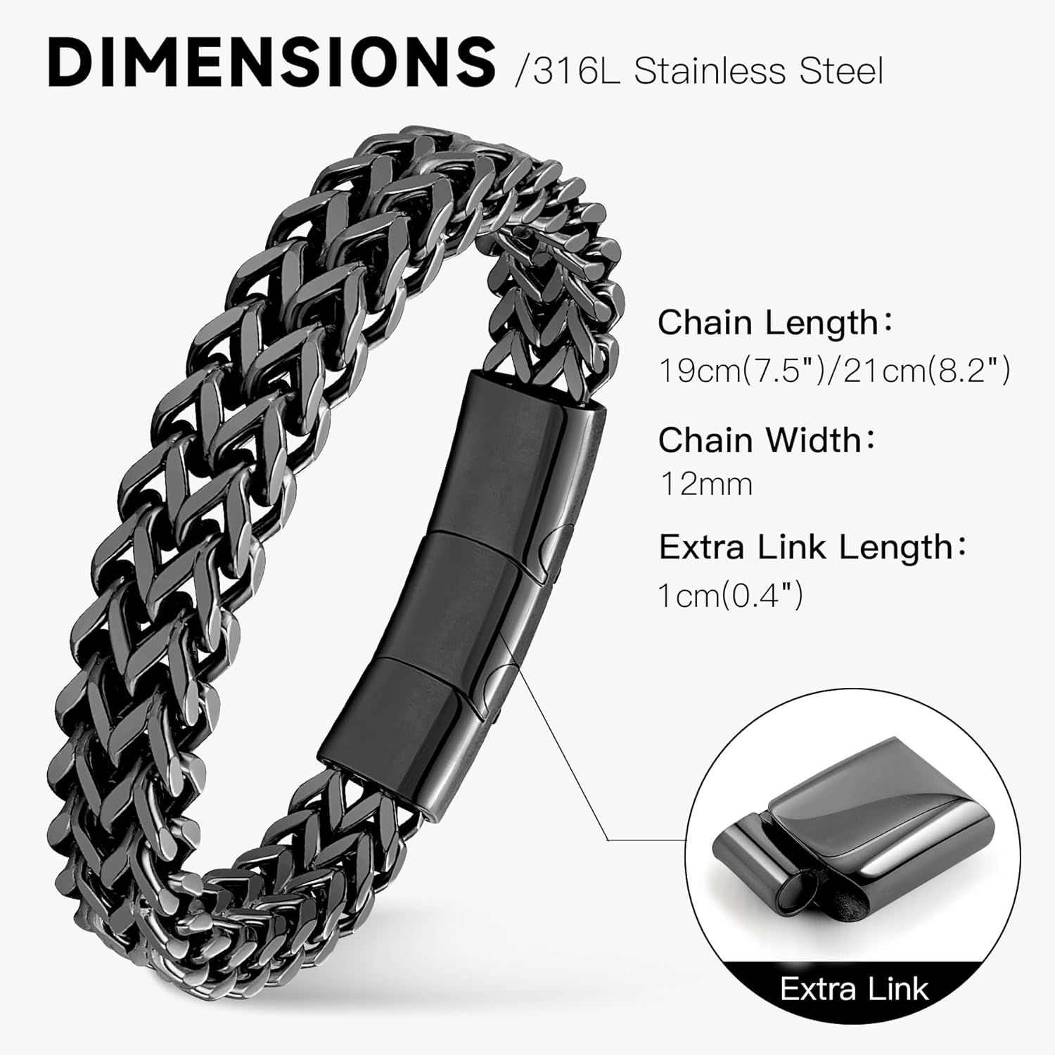 Stainless Steel Franco Chain Bracelets for Men - 6mm/8mm/10mm/12mm Width, 7.5"/8.3" Length, Black & 18K Metal, Durable and Adjustable Cuban Link Bracelet - Image 2