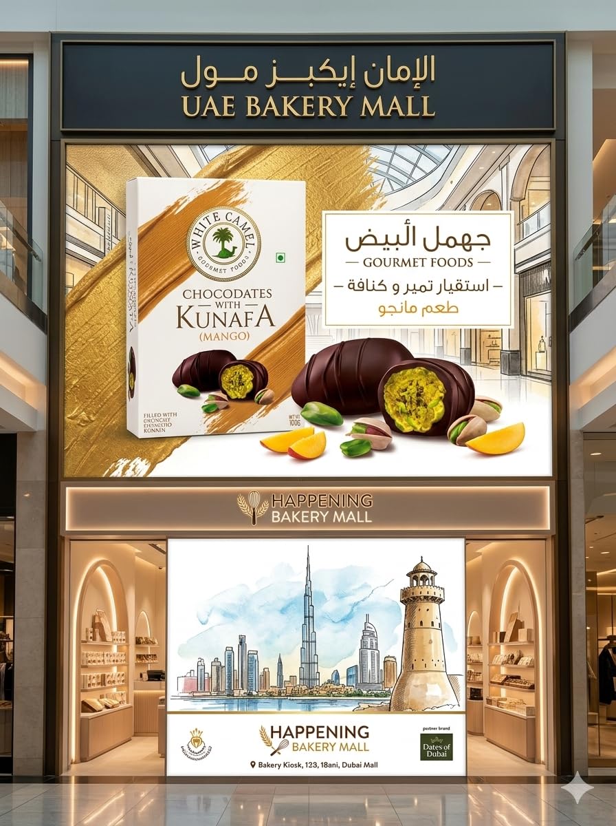 White Camel Chocodates with Kunafa, Mango Flavour, Filled with Crunchy Pistachio Kunafa and Mango Fellings, 100g (By Decadent Foods)