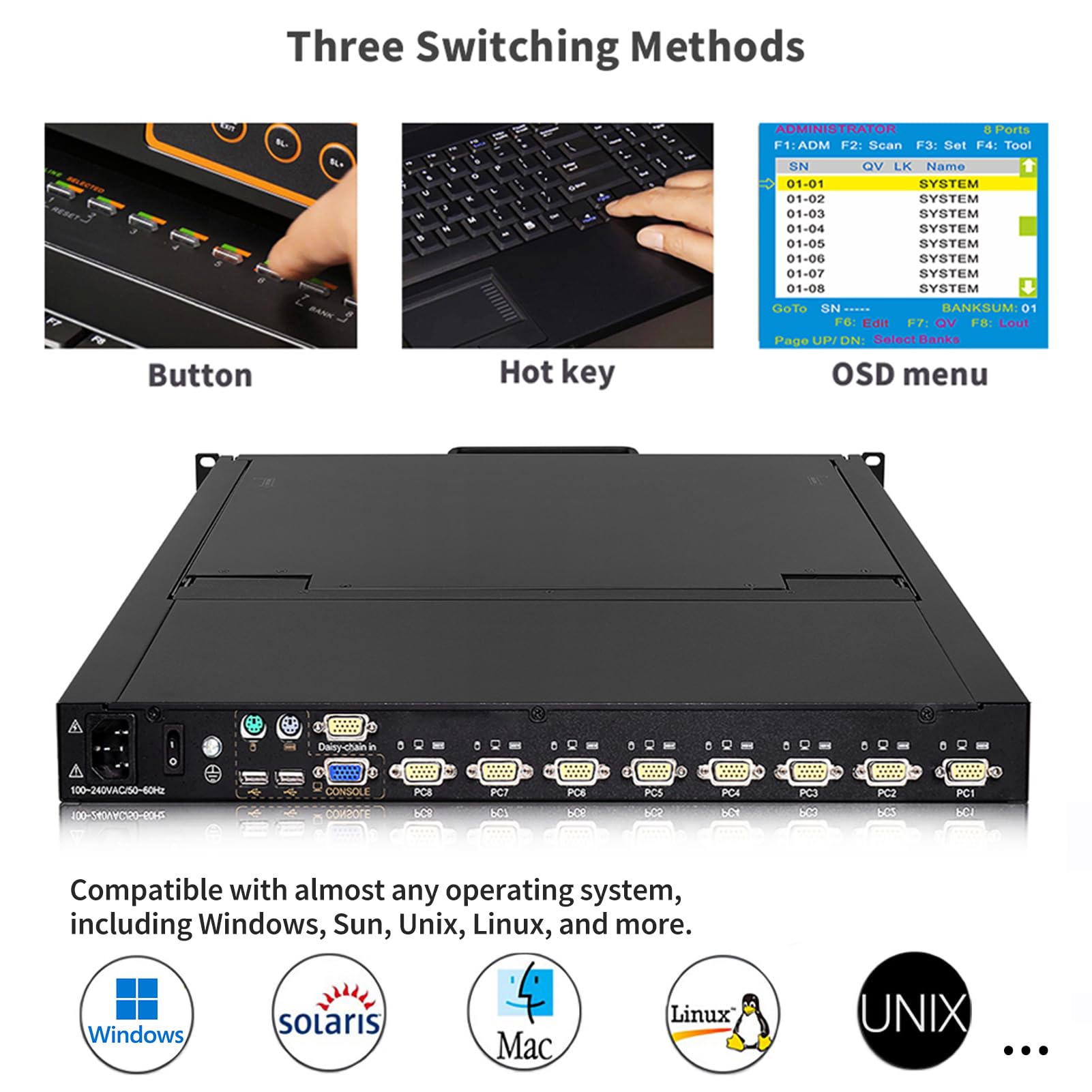 Amazon | 1UラックマウントKVMコンソール内蔵8ポートVGA KVMスイッチ