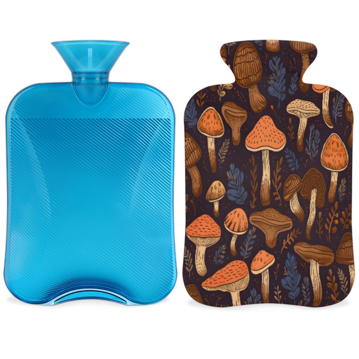 Hot Water Bottle with Soft Cover,2L Mystical Mushrooms Hot Water Bag for Hot and Cold Compress, Hand Feet Warmer, Colorful Mushrooms Rubber Hot or Cold Water Bottle Halloween Christmas Decorations