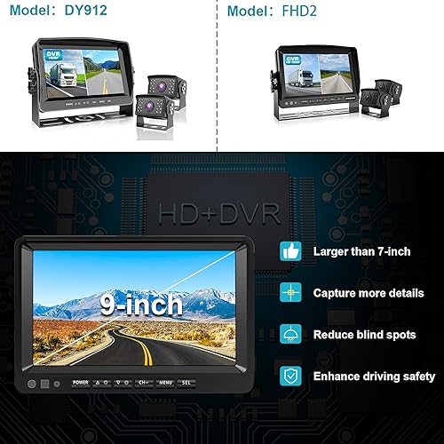 Miniatura 6 de Fookoo Ⅱ HD 1080P 9" Wired Backup Camera System, 9-inch DVR Dual Split Screen Monitor, IP69 Waterproof Rear View Camera for Truck/Trailer/Box