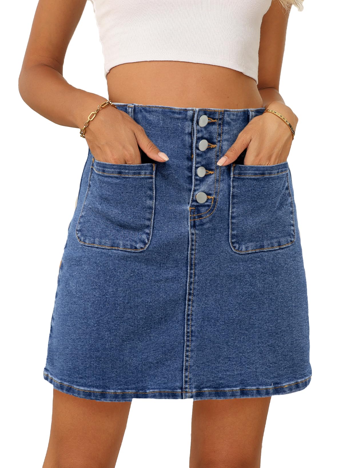 Sidefeel Womens Jean Skirt High Waist Summer Stretch Zimbaplatinum Denim Skirt Button Knee Length Skirt with Pockets