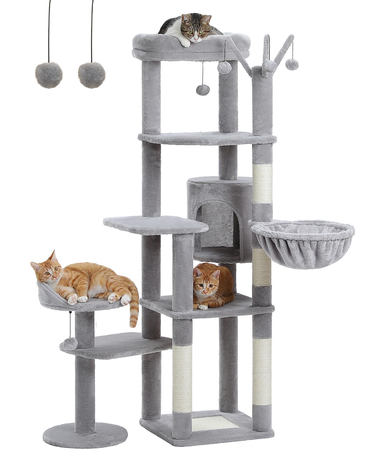 MUTTROS 59" Cat Tree, Tall Cat Tower for Large Cat, Multi-Level Tower with 3 Removable Pompom Sticks, Cat Tree for Indoor Cats, Condo with Large