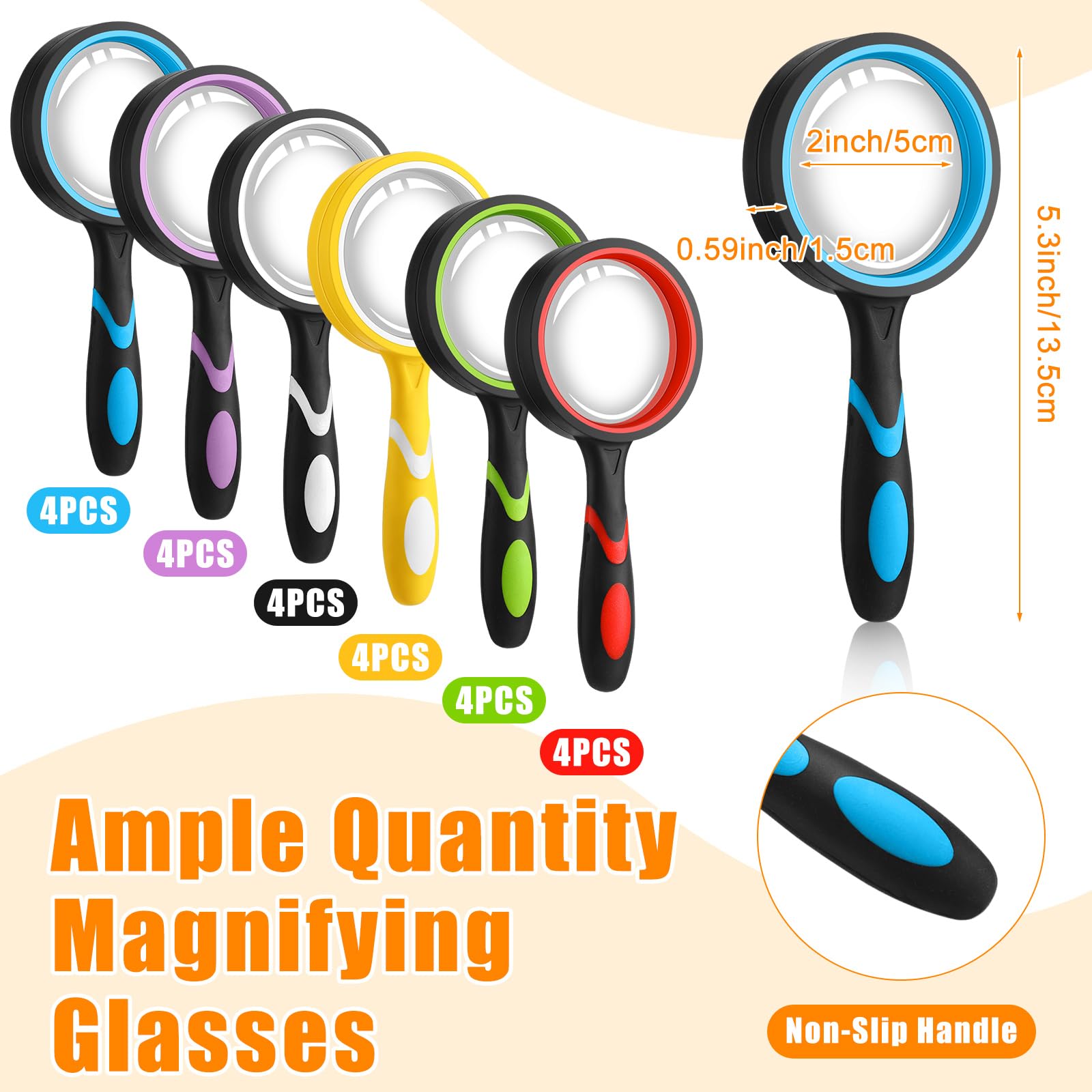 Xuhal 24 Pcs 10X Magnifying Glass Handheld Shatterproof Reading Magnifier for Seniors and Kids, 50mm Colored Magnifying Lens with Non Slip Rubber for Observation Exploration Science (Multicolor)