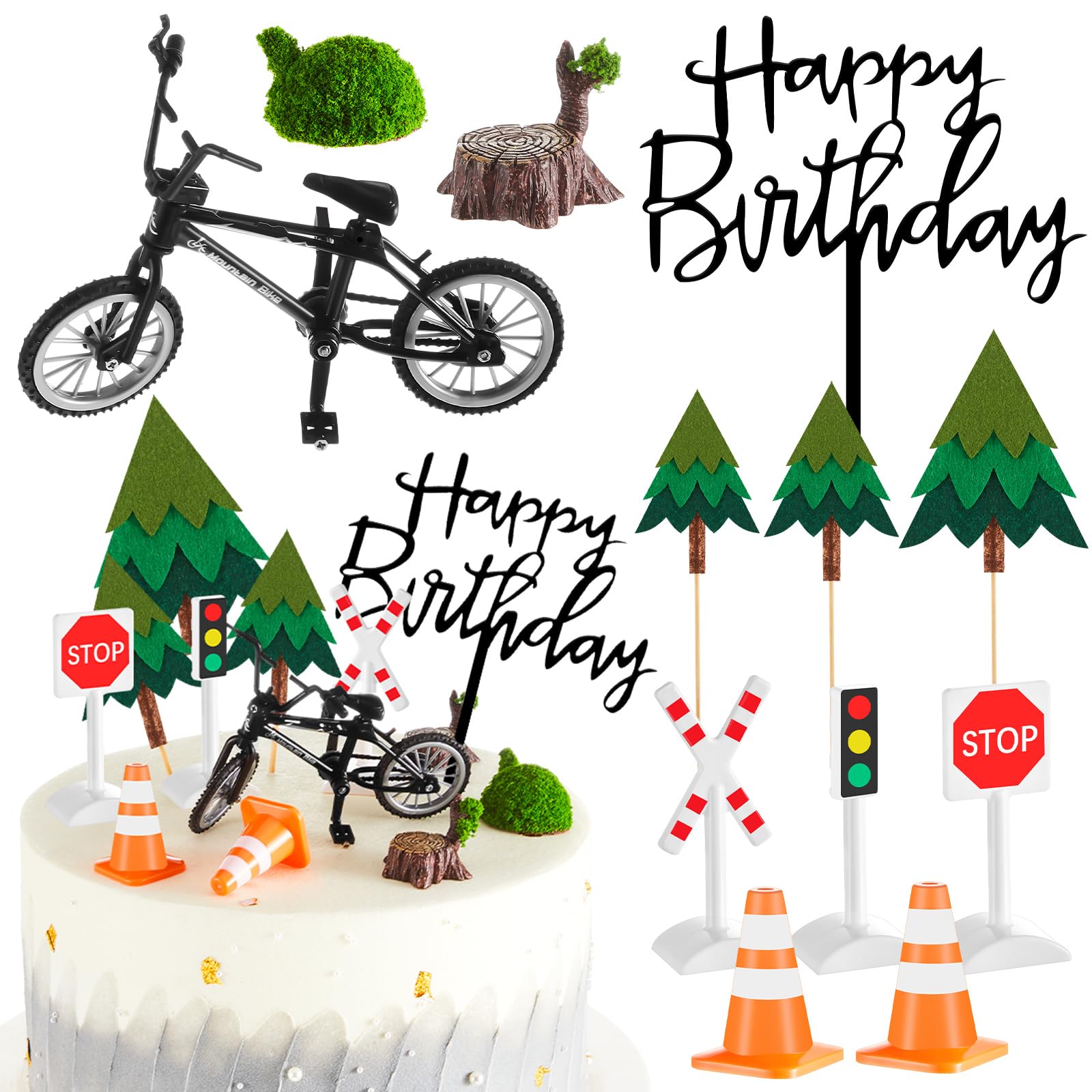 14 Pcs Bicycle Cake Toppers Bike Cake Decorations Set with 1 Bike 3 Felt Tree 7 Mini Traffic Signs Ornaments 2 Tree Stumps Miniature Figurine 1 Birthday Themed Insert Card for Bicycle Party
