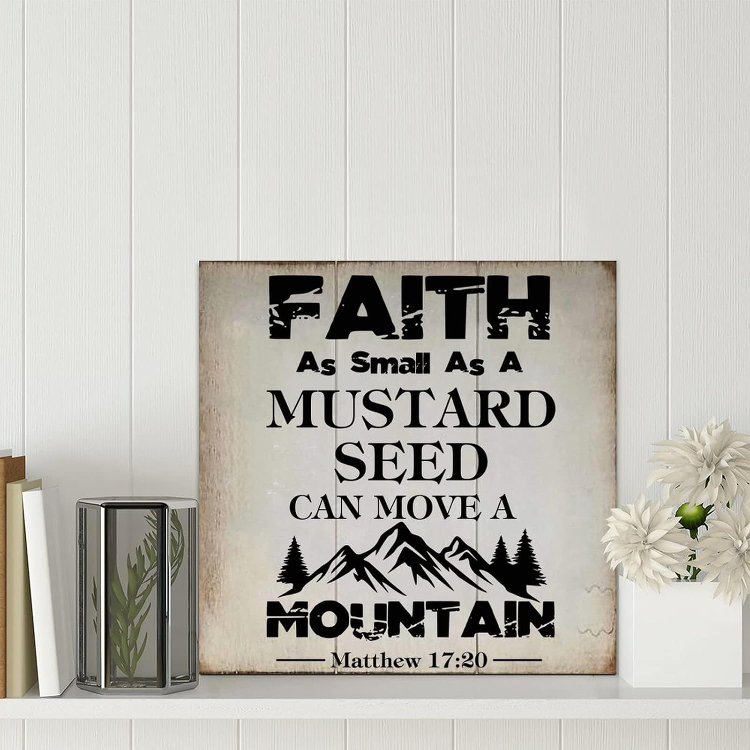 Rustic Wooden Pallet Sign Faith As Small As A Mustard Seed Wood Signs 12x12in Farmhouse Wooden Signs Family Wall Art Decor Wall Hanger for Living Room Bedroom New House Gift image 5