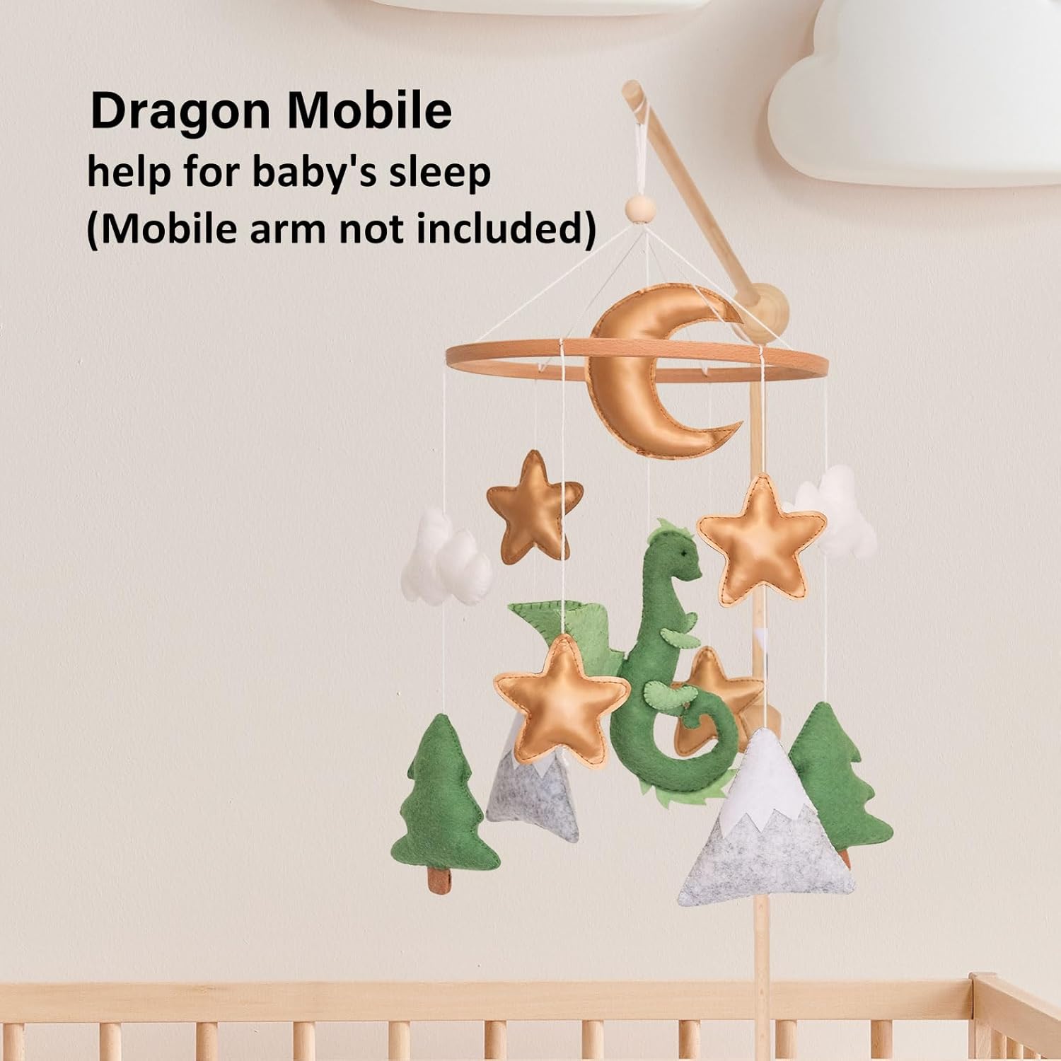 Dragon Baby Mobile, Forest Mobile for Crib, Crib Mobile for Boys and Girls, Nursery Mobile for Bassinet, Pack and Play, Moon, Green Dragon, Cloud, Star, Mountain, Tree