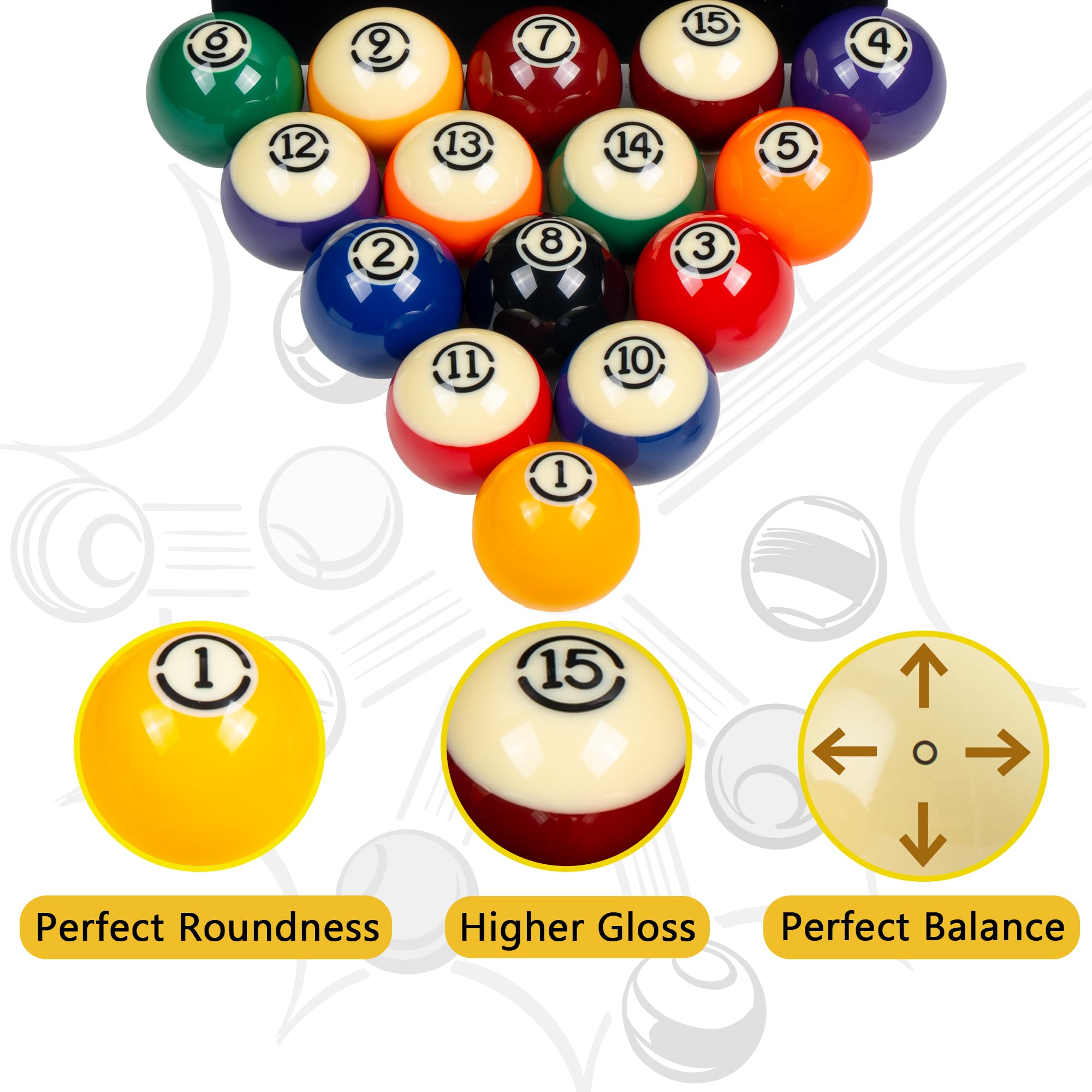 Billmart Lot de 16 boules de billard pour table de billard, taille réglementaire de 5,7 cm