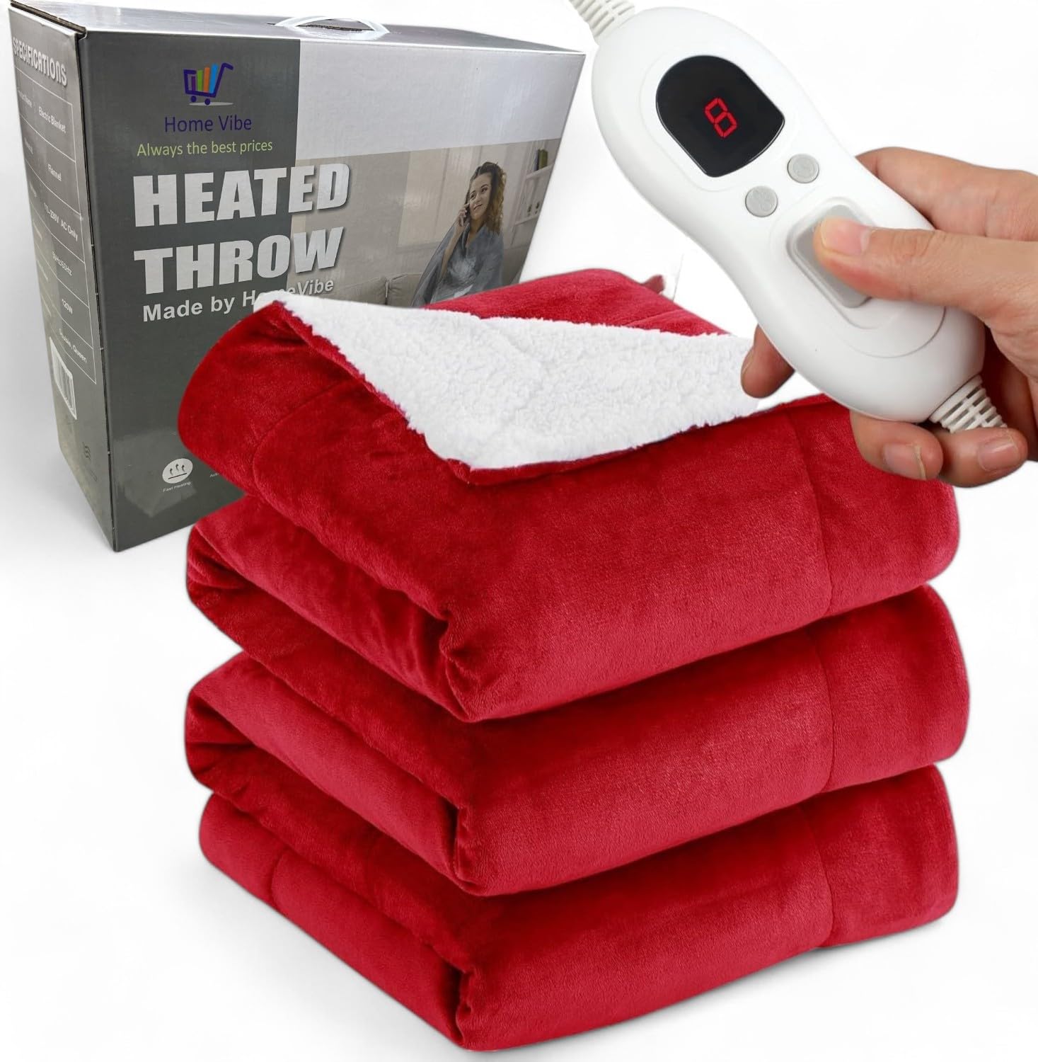 HomeVibe Heated Throw Blanket - Red, Soft Electric Fleece with 8 Heat Settings, Fast Heating & Overheat Protection, Machine Washable, Cozy for Sofa or Bed (130cmx160cm)