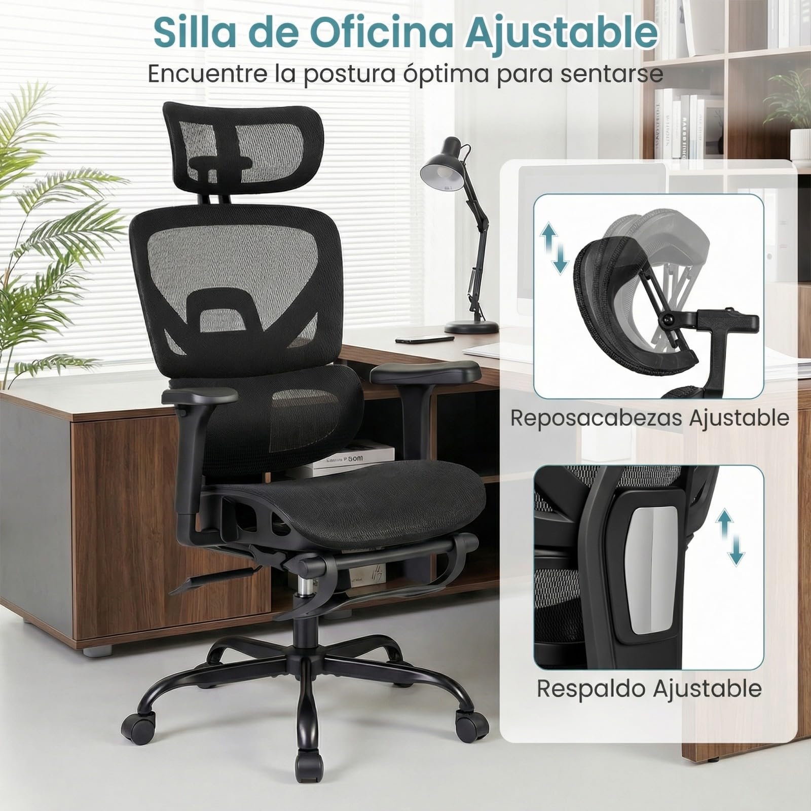 COSTWAY Silla Ergonomica Escritorio con Reposapiés, Silla de Oficina, Reposabrazos 3D, Soporte Lumbar Dinámico, Reposacabezas Ajustable, Cadeira Escritorio de Malla, Altura Ajustable