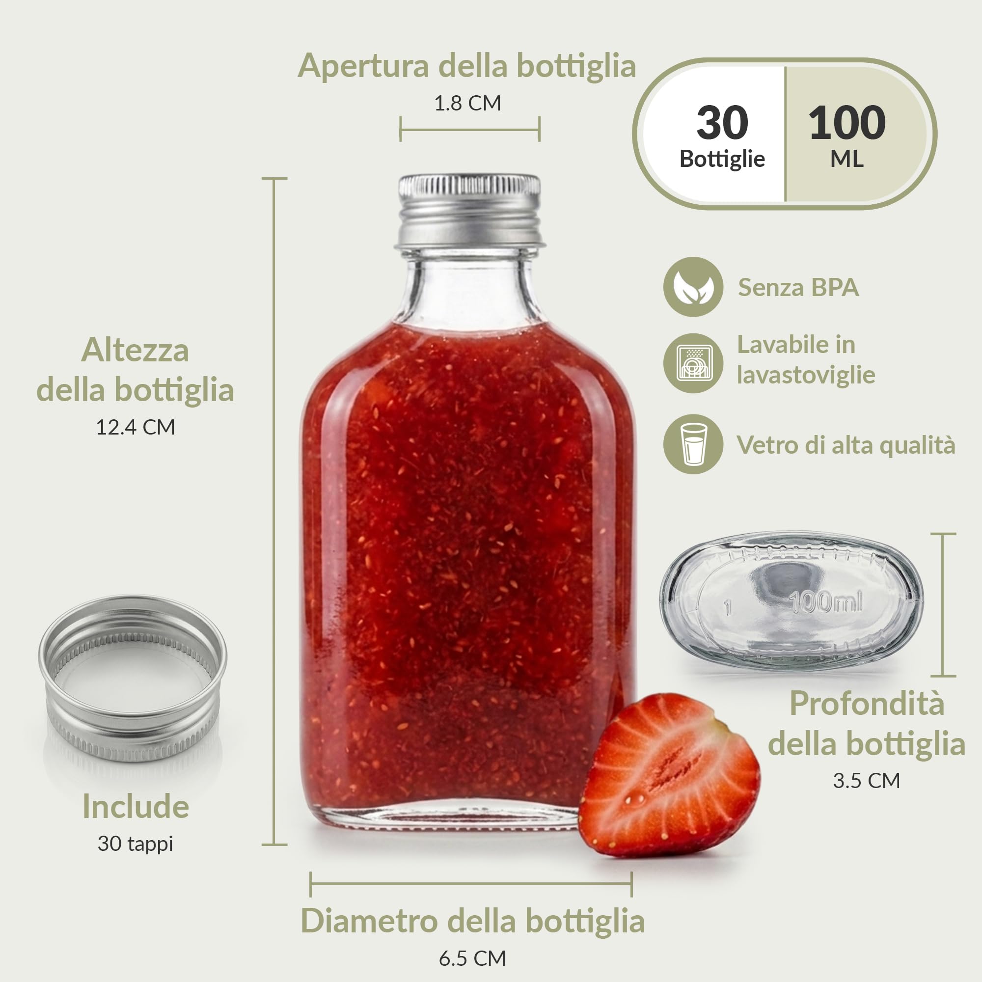 30 bottiglie vetro 100ml fiaschette per liquori – bottigliette di vetro piccole 100 ml con tappo a vite ermetico riutilizzabili bomboniere