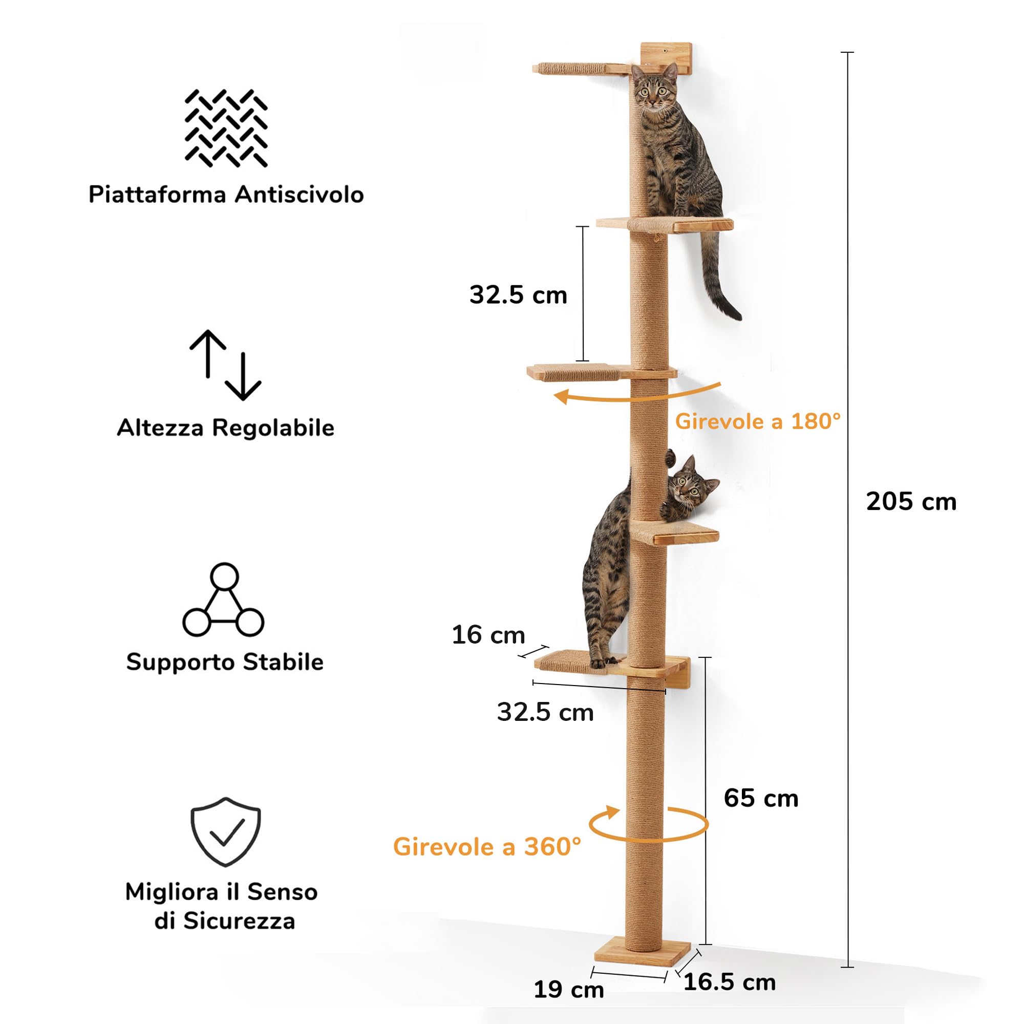 FUKUMARU Torre Tiragraffi per Gatti Alto (205CM), Mensola da Parete a 5 Livelli, Legno Massiccio e Iuta, Gradini per Arrampicare, Graffiare, Giocare