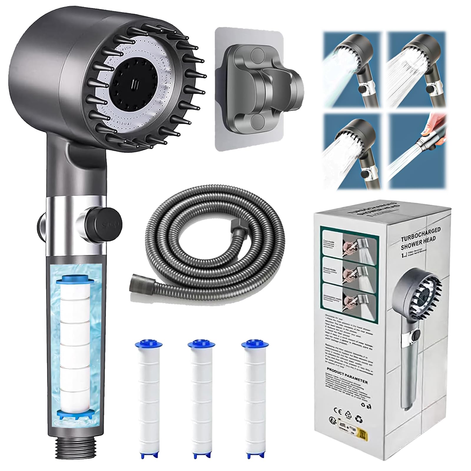 Soffione Doccia Yeelan 3 In 1 Con Tubo 1,5m | Doccia Alta Pressione Anticalcare Con Filtro Integrato | Modalità Pioggia Massaggio Spa