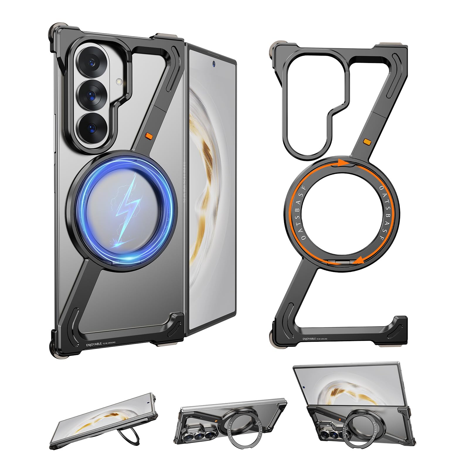 Z Shape etui do Samsung Galaxy Z Fold 7, bezramkowe, aluminiowe, cienkie etui na telefon komórkowy z obrotowym o 360° stojakiem magnetycznym, metalowe, odporne na uderzenia, etui ochronne do