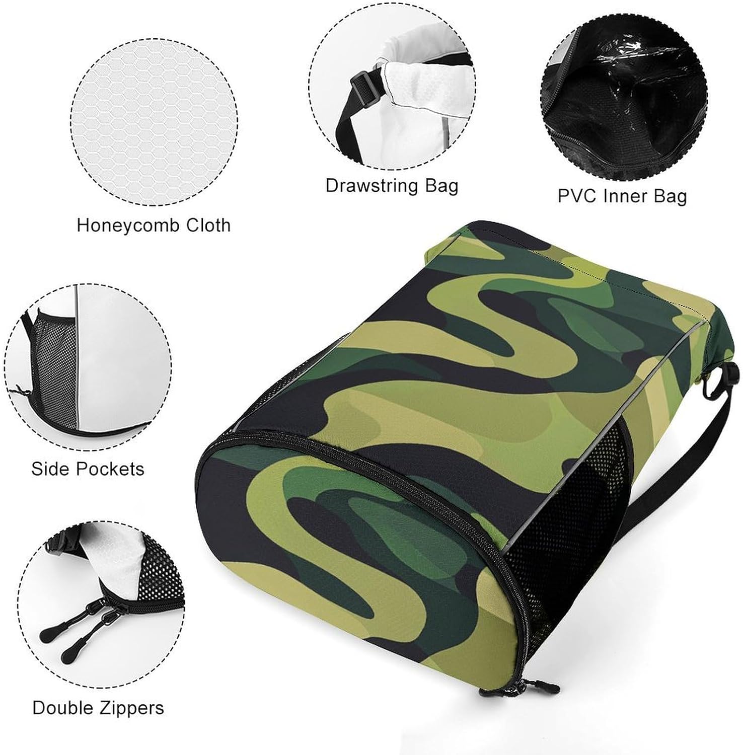 Green Military Drawstring Backpack with Wet Pocket - Large Capacity Gym Bag with Shoe Compartment & Mesh Pockets, Adjustable Lightweight Gym Backpack for Swimming, Travel, Workout