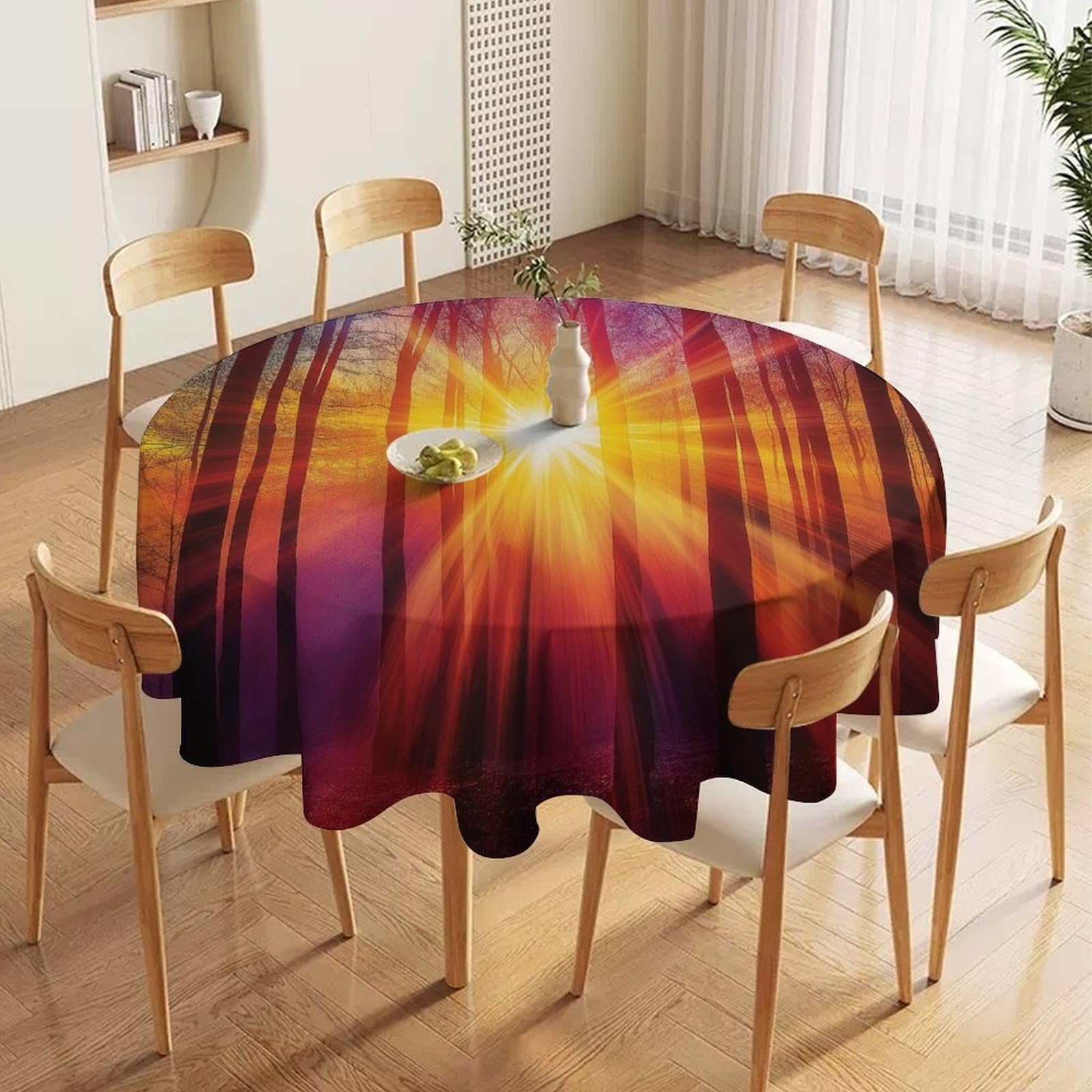 ORDOBO 3D Printed Tablecloth - Sunshine Forest Round Tablecloth Wipeable For Kitchen Dinner Picnic Party Home Fashion Print Table Cover Decoration 152X152Cm