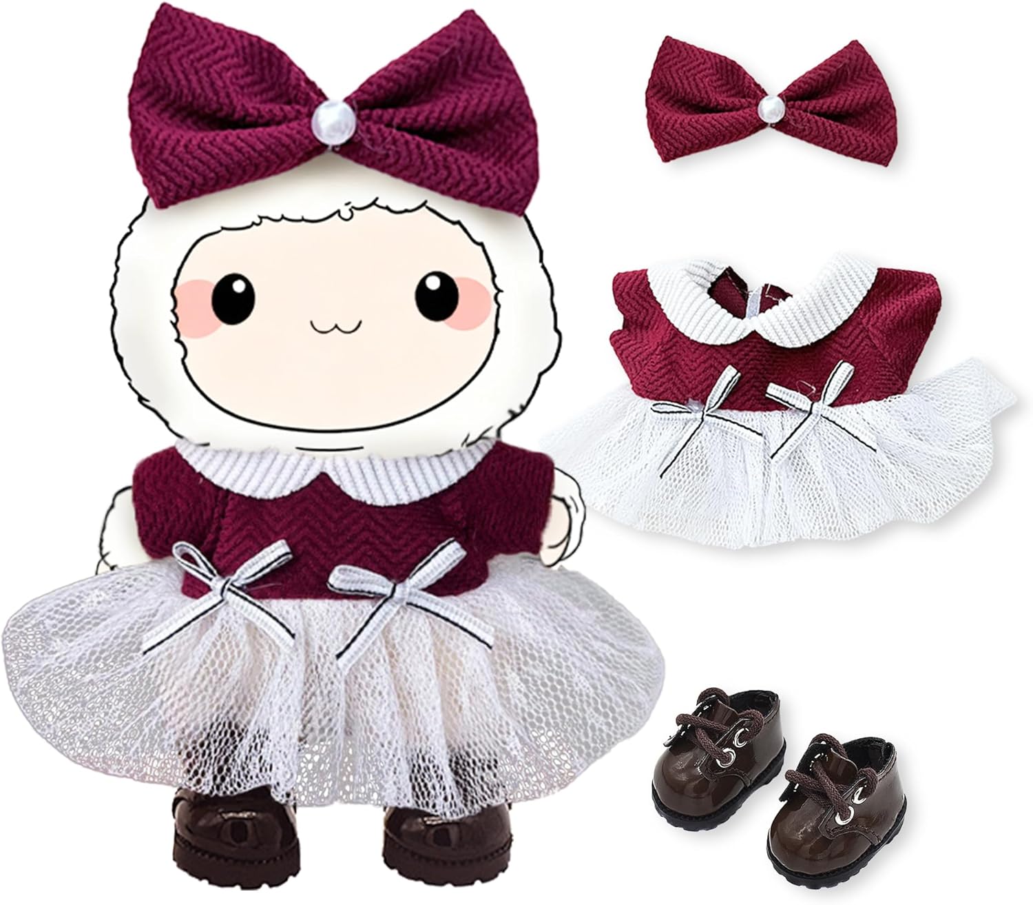 Handmade 17cm Doll Clothes - Cute Styles 15cm/17cm Dolls Outfits, Burgundy Bow - Burgundy Dress - Brown Shoes for Dress Up Gift（Including Shoes） (Wine red Set)