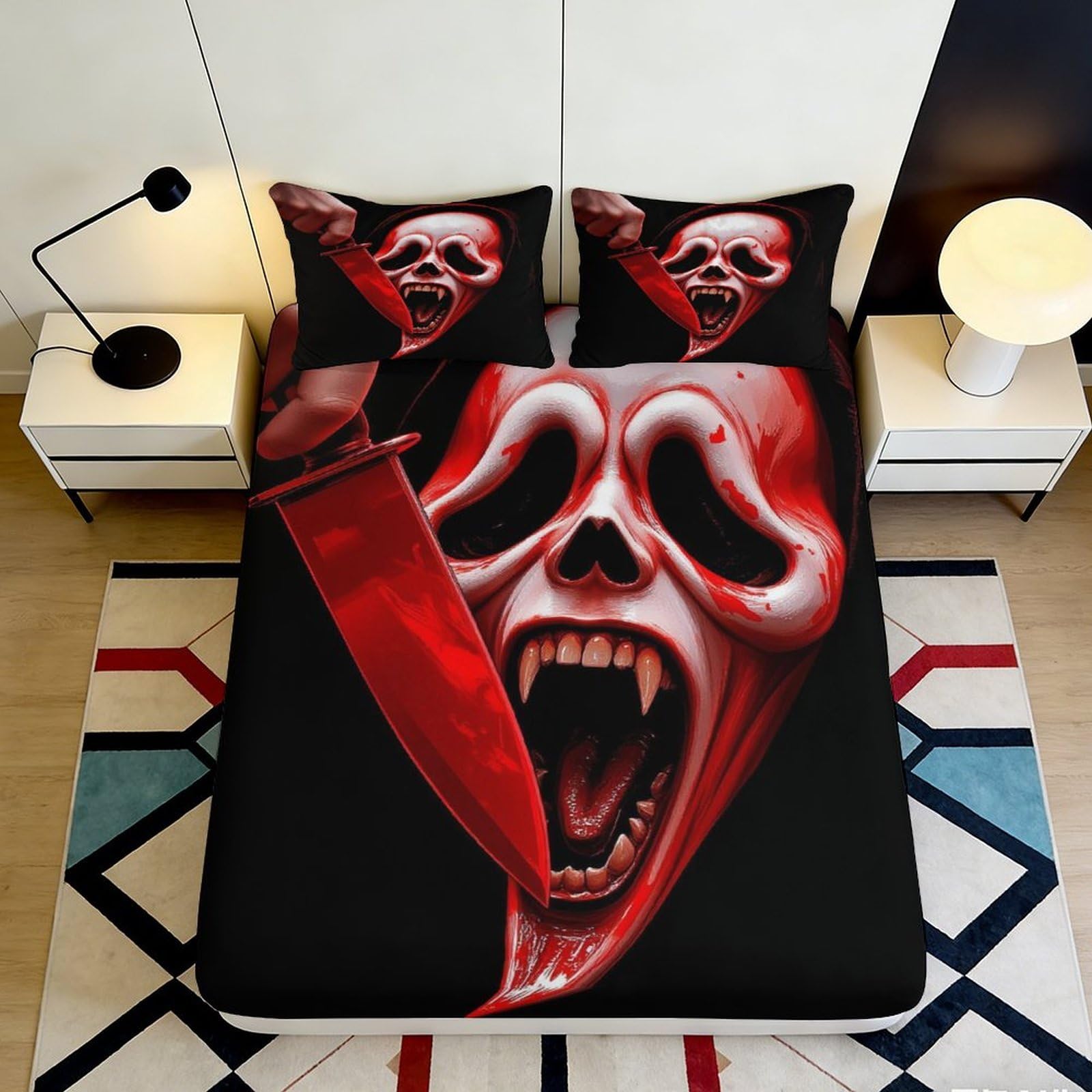 3D Printed Bloody Scream Face Fitted Sheet Microfiber Red Knife Horror Mattress Cover for Bedroom Dorm Decoration 90x200x25cm
