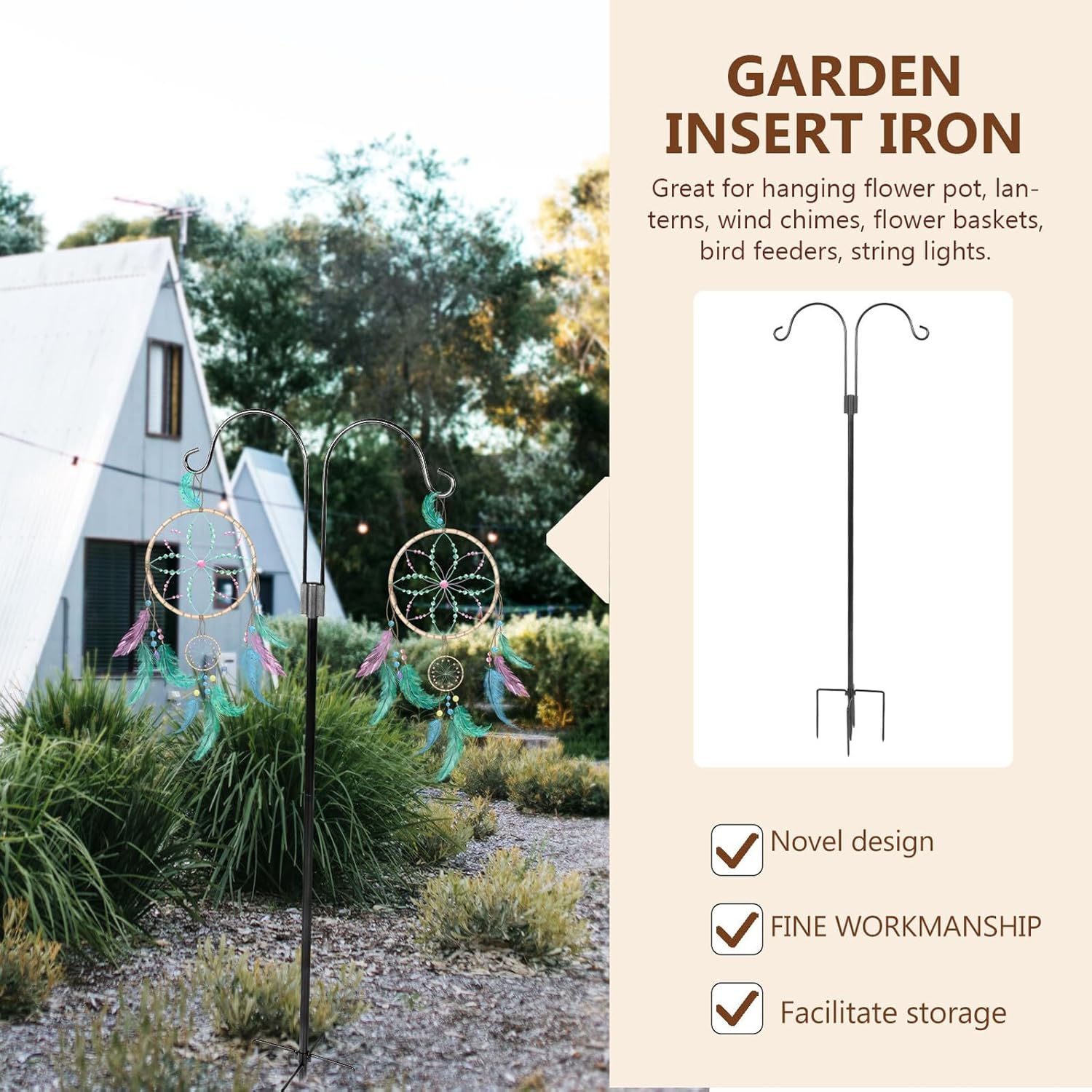 Double Shepherd Hook Garden Stake Iron Ground Inserted Hook for Outdoor Hanging Plants Lights and Flags Rust-Resistant Patio Yard Décor