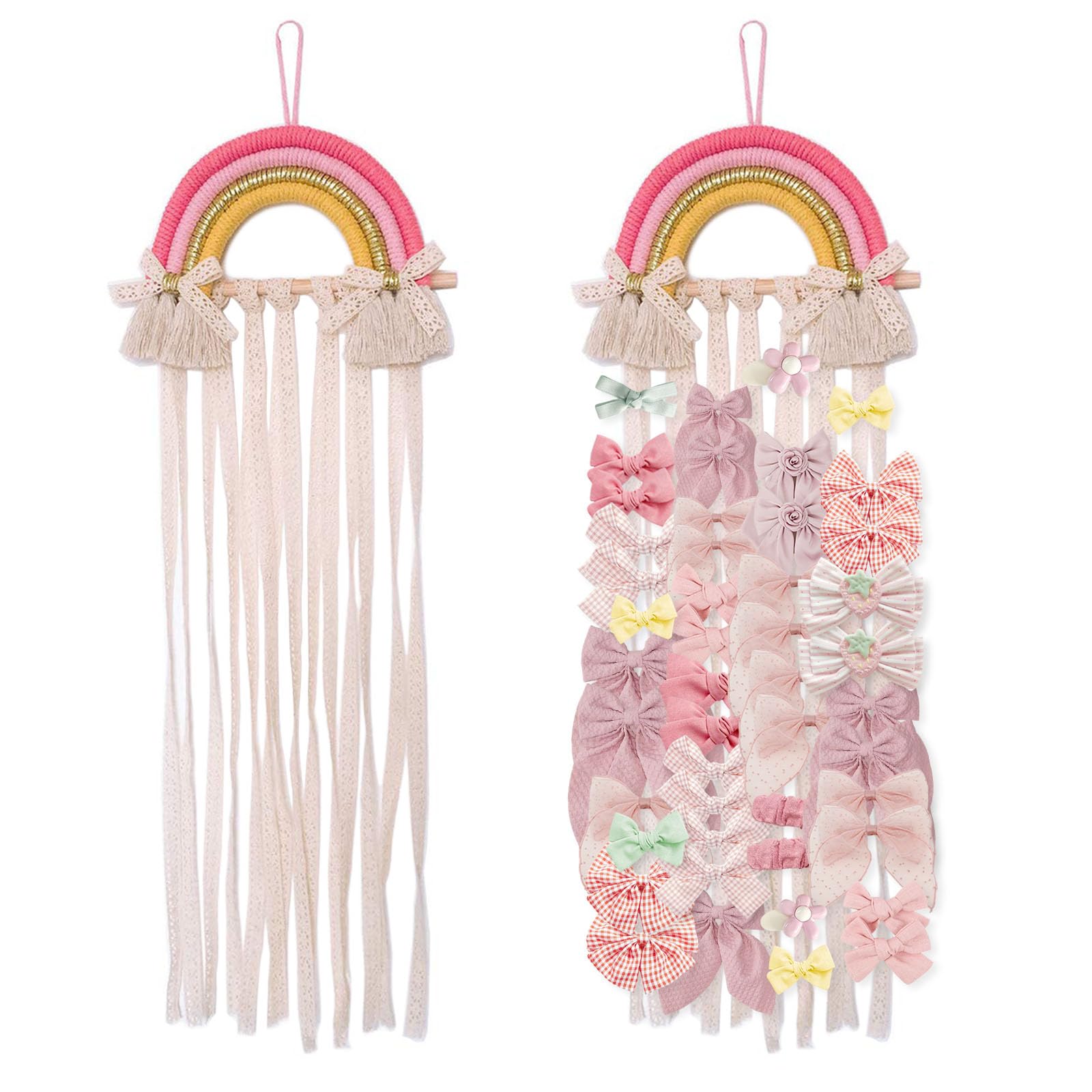 NICROLANDEE Rainbow Tassels Hair Bows Holder Hanging - Baby Hair Accessories Storage Bow Organizer Wall Hanger Decor for Baby Girls Wall Hanging Decor for Girls Room Ornament (Pink Yellow)